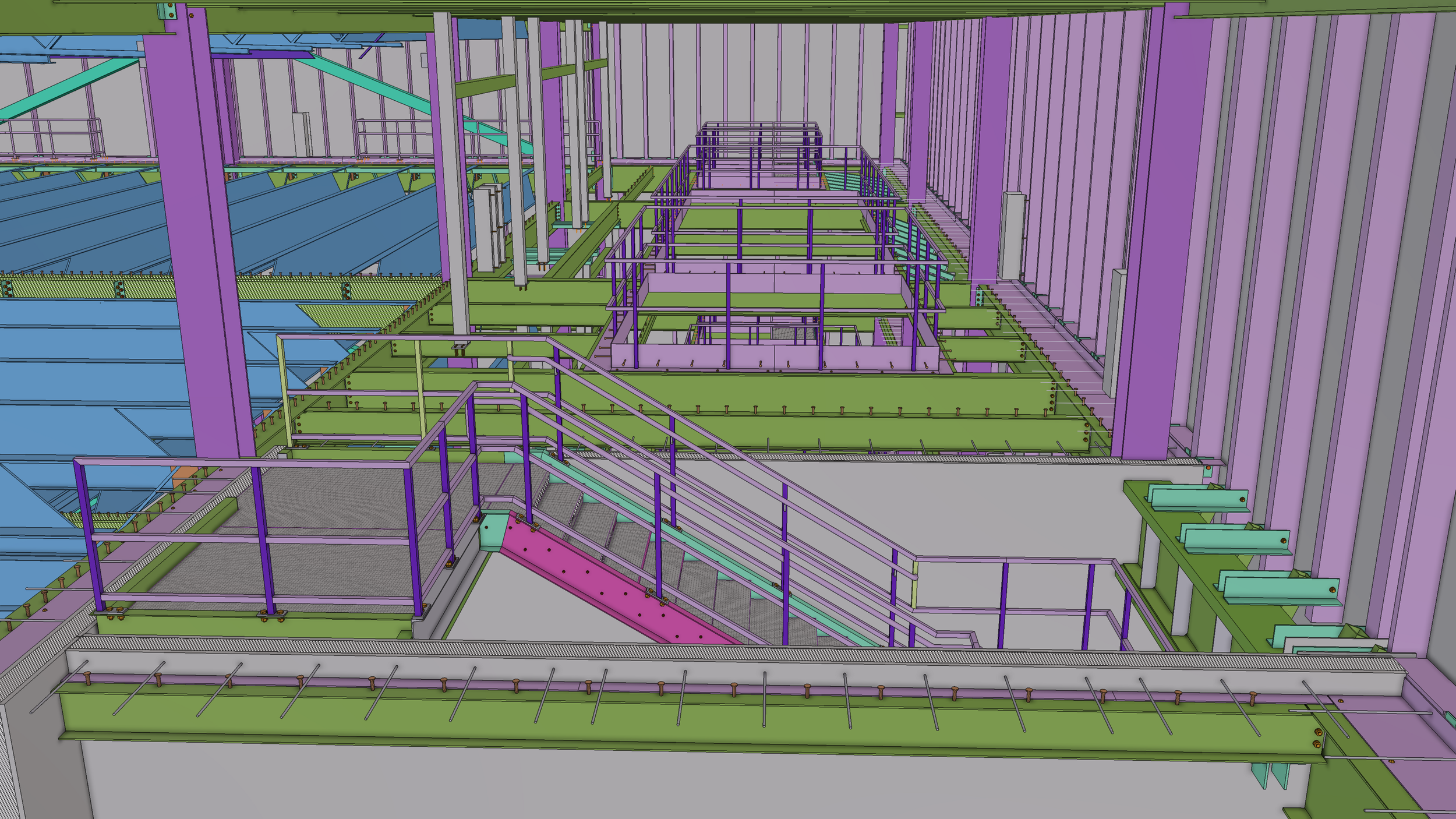 Color-coded digital rendering of an industrial or processing facility showing multiple levels, walkways, safety railings, and structural supports in purple, green, blue, and teal.