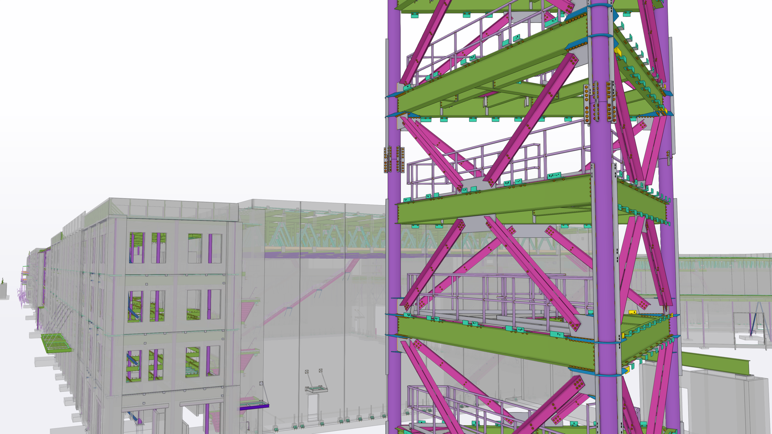 A computer-aided design rendering of a multistory building with a colorful construction scaffold structure on one side, showcasing structural beams and support elements in purple, green, and blue.