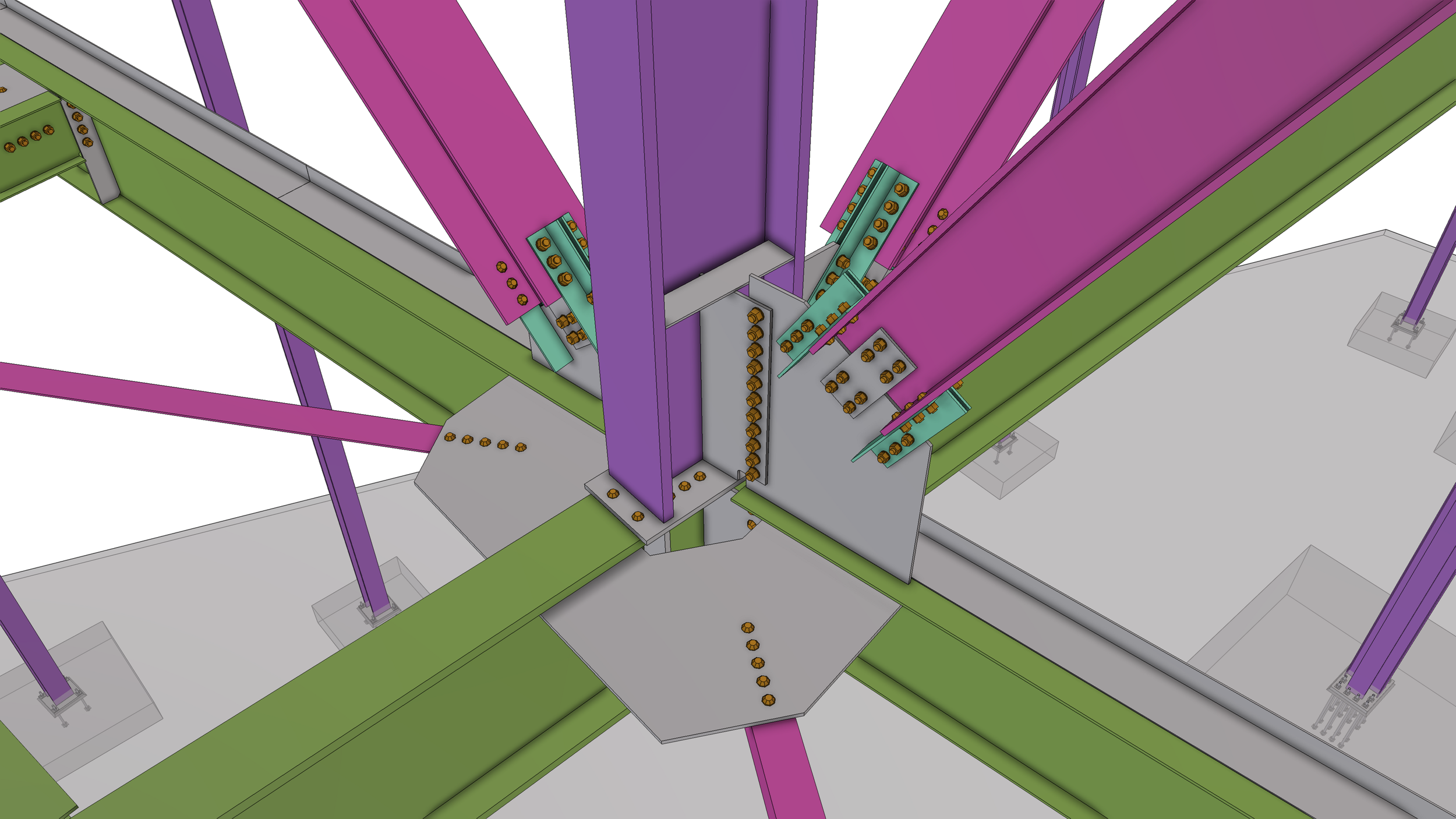 A 3D model of a structural frame with purple, green, and gray beams, featuring various bolts and connectors.