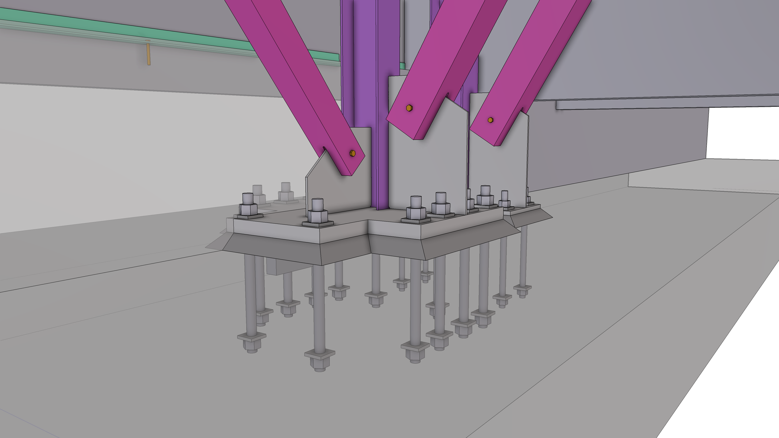 A digital 3D model of a structural steel connection showing purple steel beams, web plates, numerous bolts, and multiple support columns, part of an architectural or engineering framework.