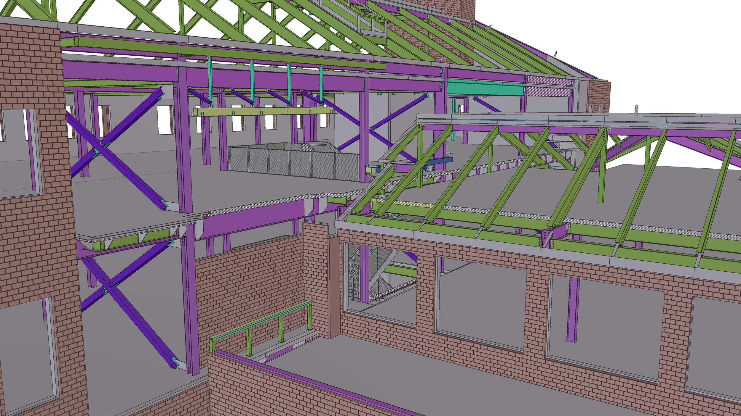 3D rendering of a building under construction with visible steel framework, brick exterior walls, and interior structural supports and stairs.
