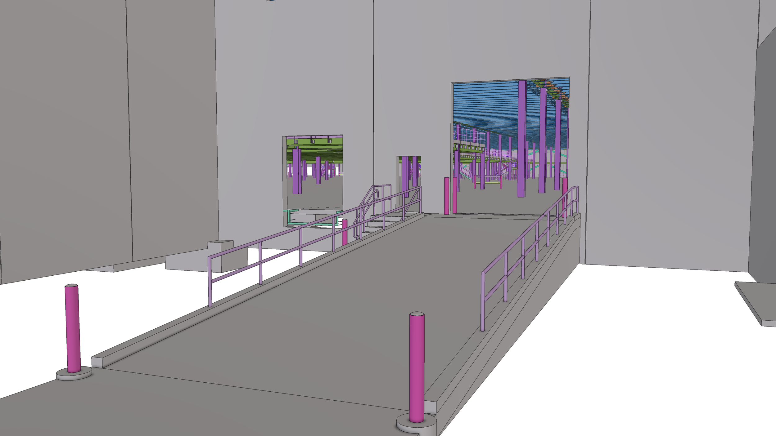 A 3D digital model of an industrial or construction site interior showing a staircase, structural columns, and large open doorways with purple and green accents.