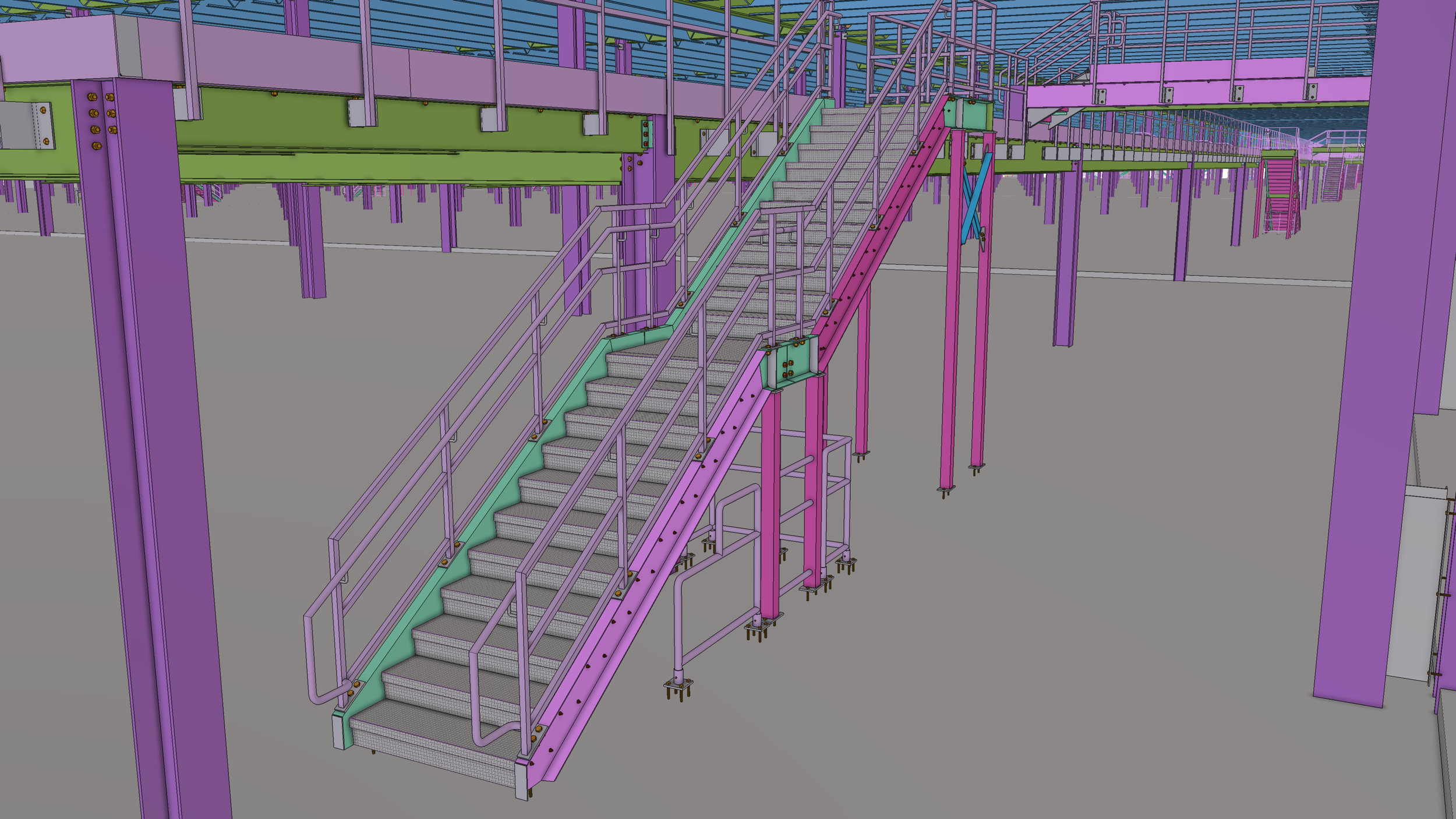 A colorful 3D model of a staircase and platform structure with purple, green, pink, and blue components, with detailed railings and supporting beams.