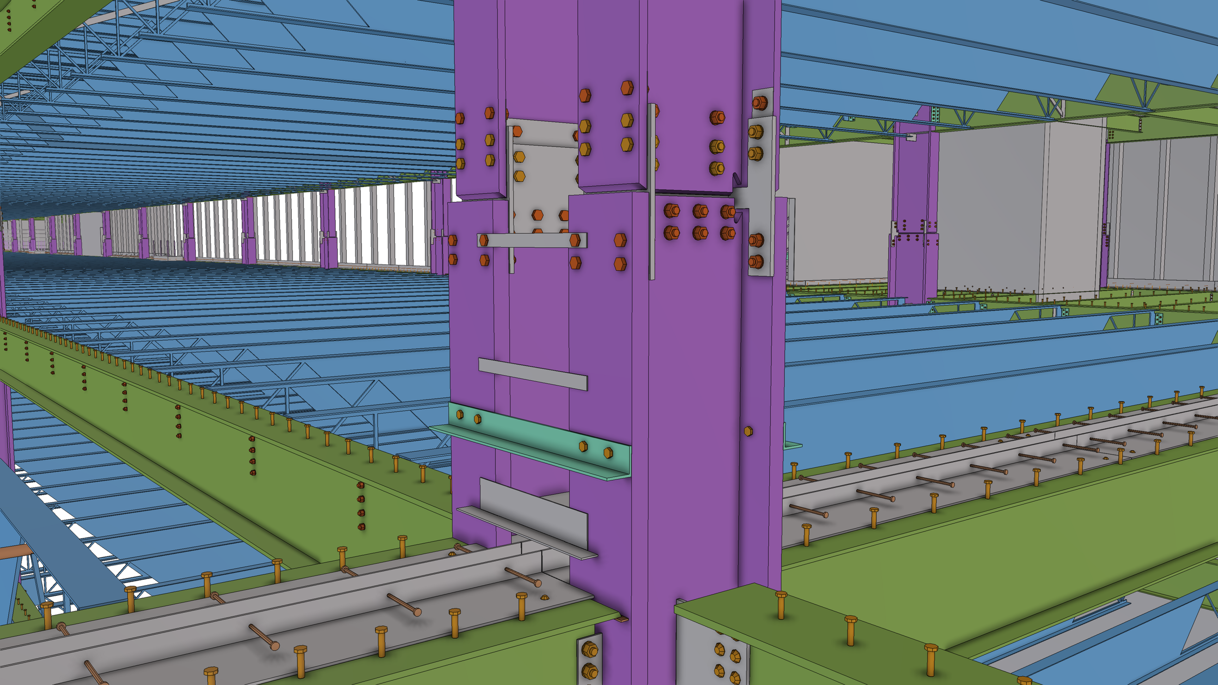 A detailed digital drawing of a construction or industrial structure with purple, green, and blue steel beams, and various bolts and fasteners.