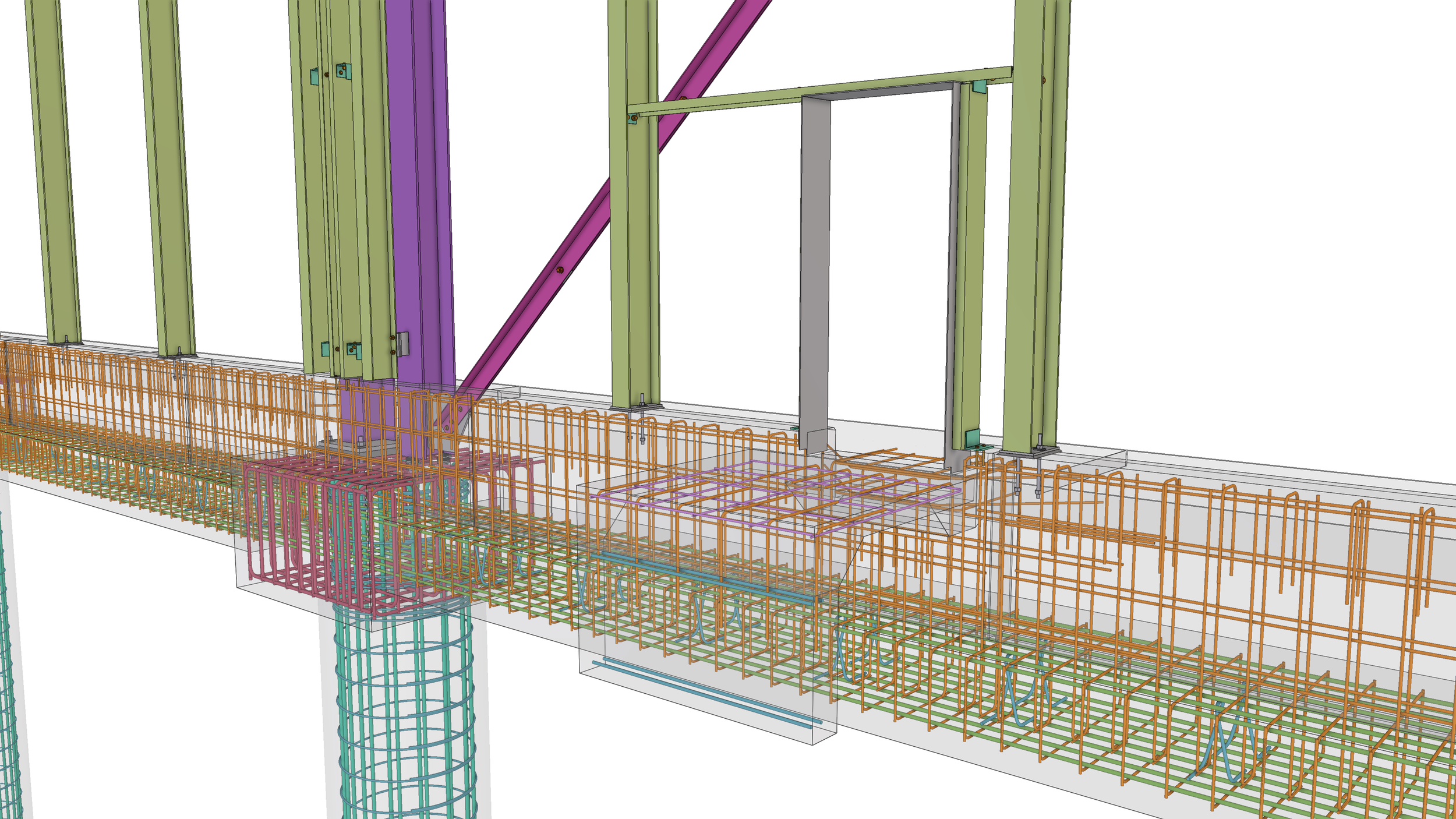 A computer-aided design (CAD) model showing the structural framework of a building, including steel beams, columns, and reinforcement bars in various colors.