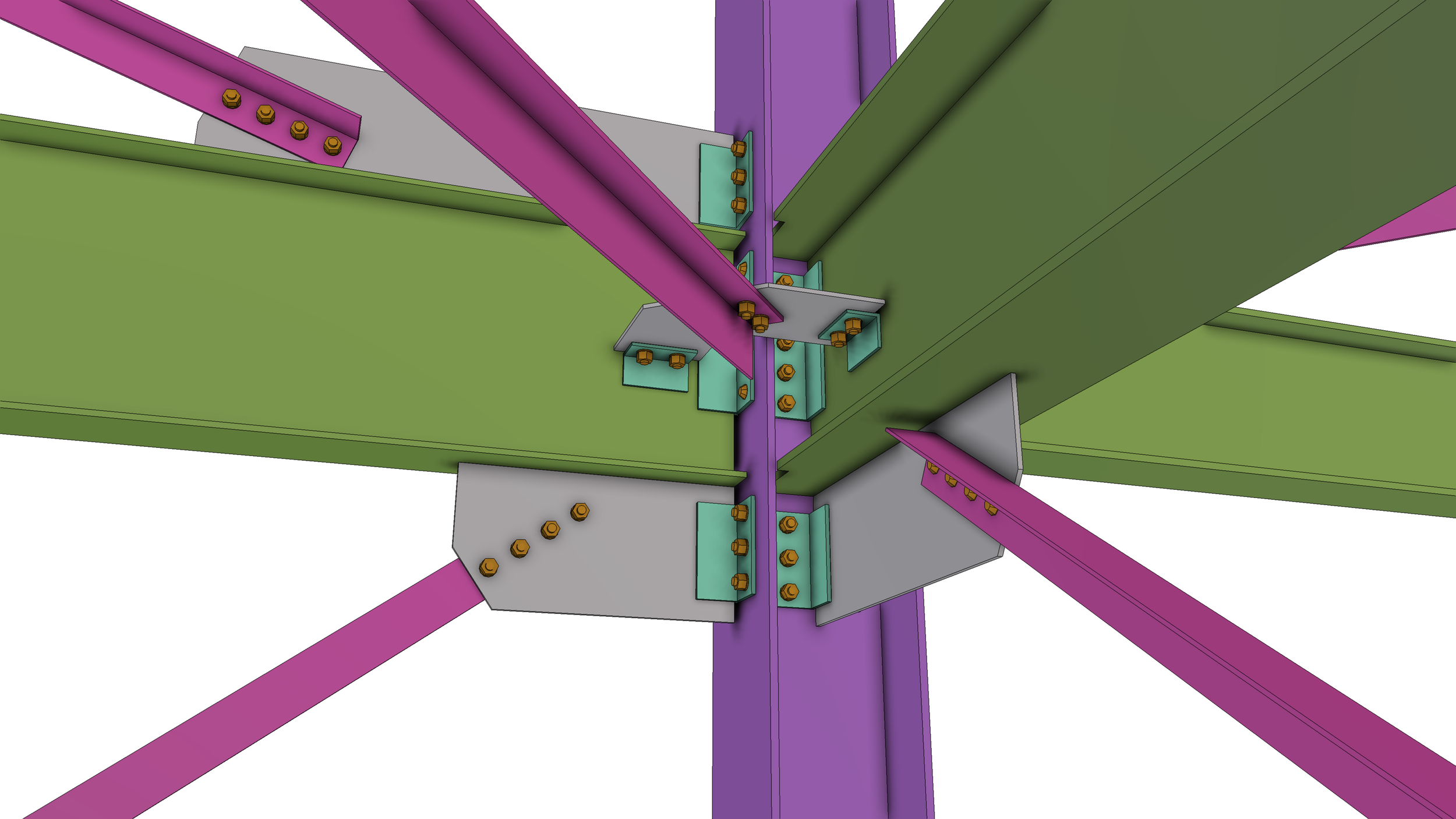Close-up view of a structural steel framework with colorful beams and bolted plates, illustrating construction or engineering design.