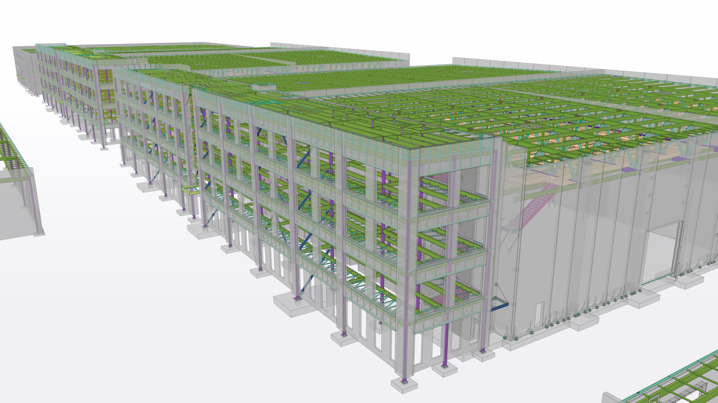 A detailed architectural digital model of a multi-story building's framework, showing structural elements such as beams, columns, and floors in green, purple, and blue.
