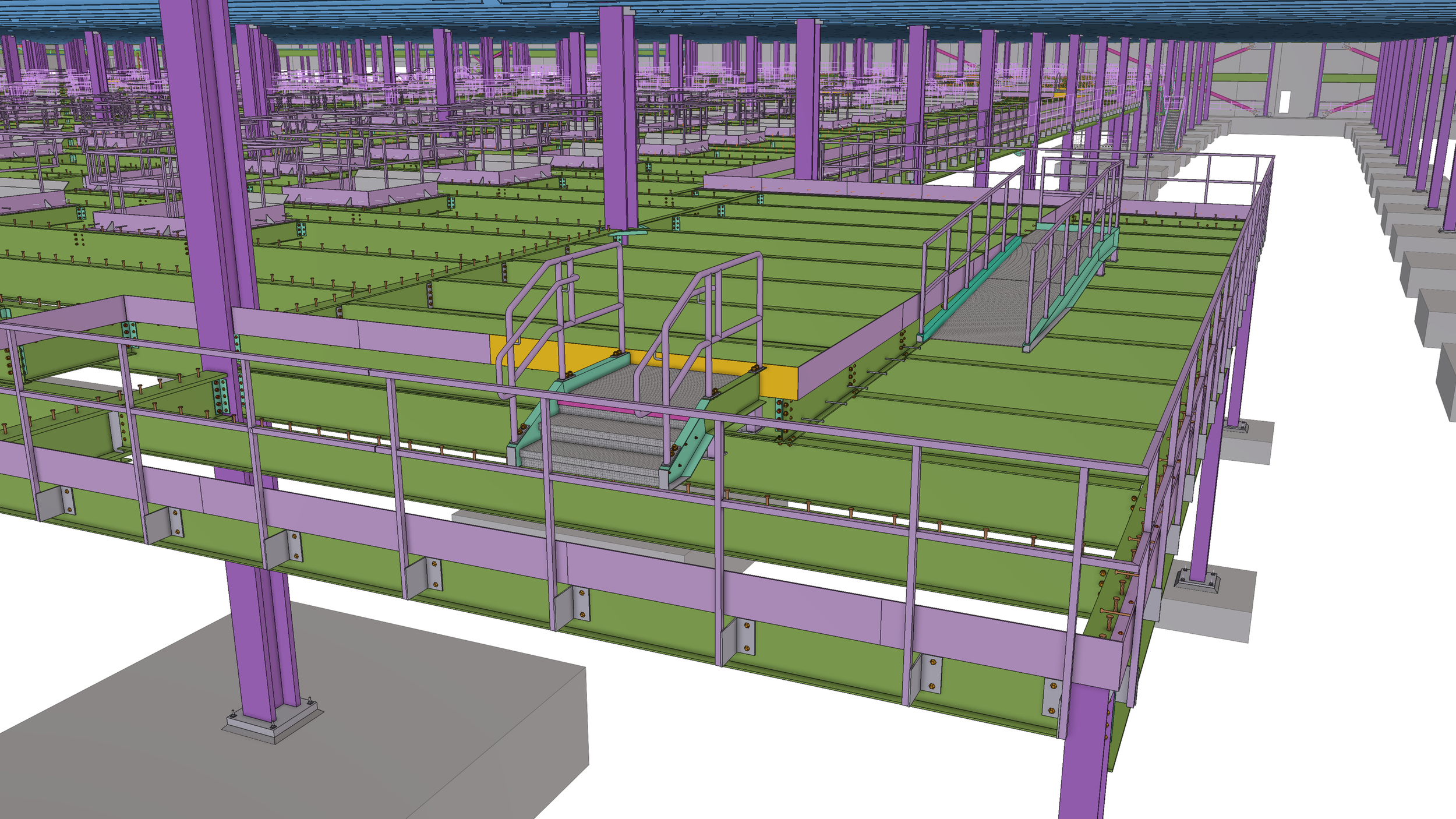 A 3D model of a building structure with purple support beams, green floors, and a staircase with railings, showing multiple levels and an industrial framework.