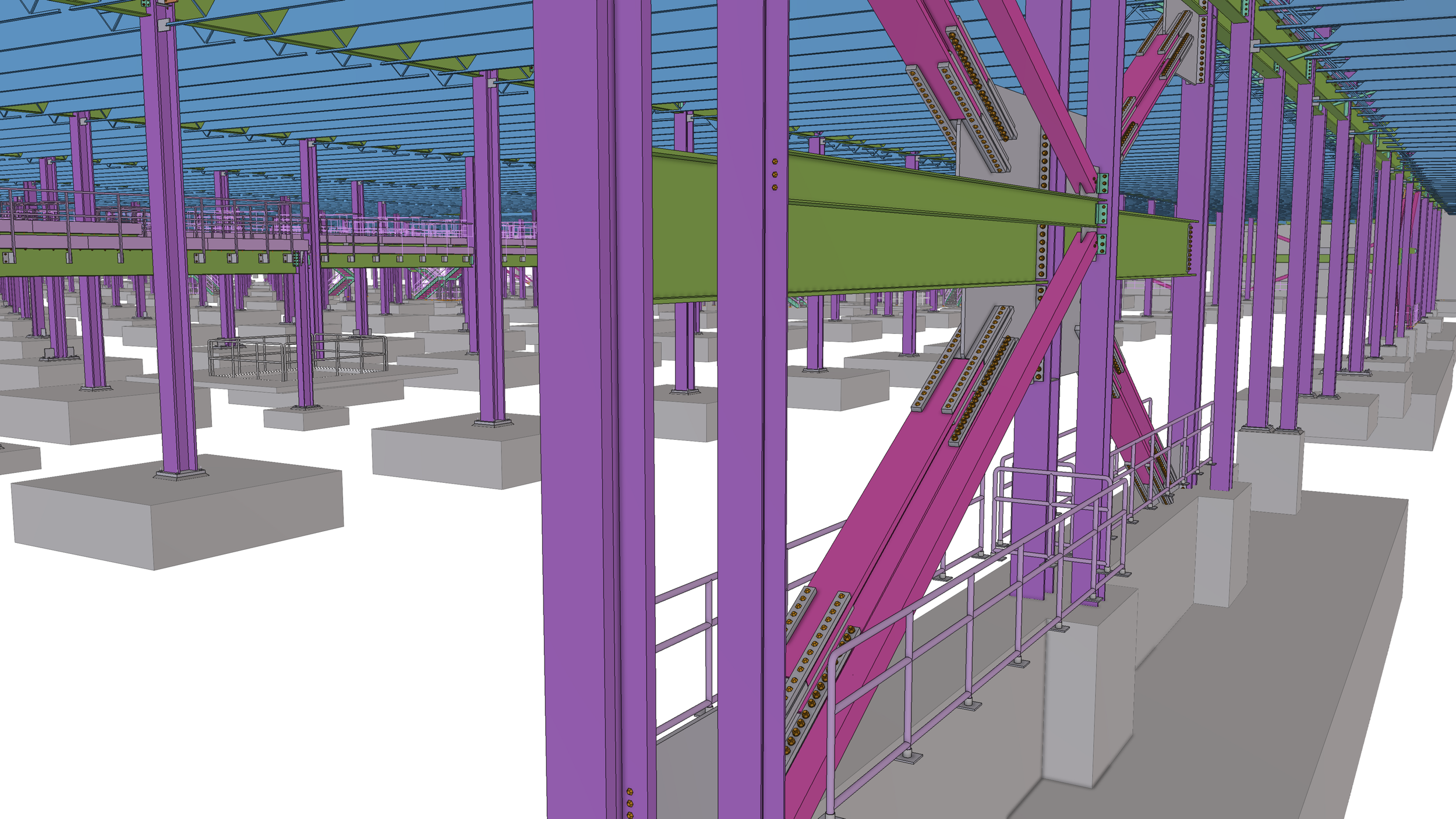 Rendering of a construction site showing steel framework with purple, green, pink, and gray structural components, including support columns, beams, and safety railings.