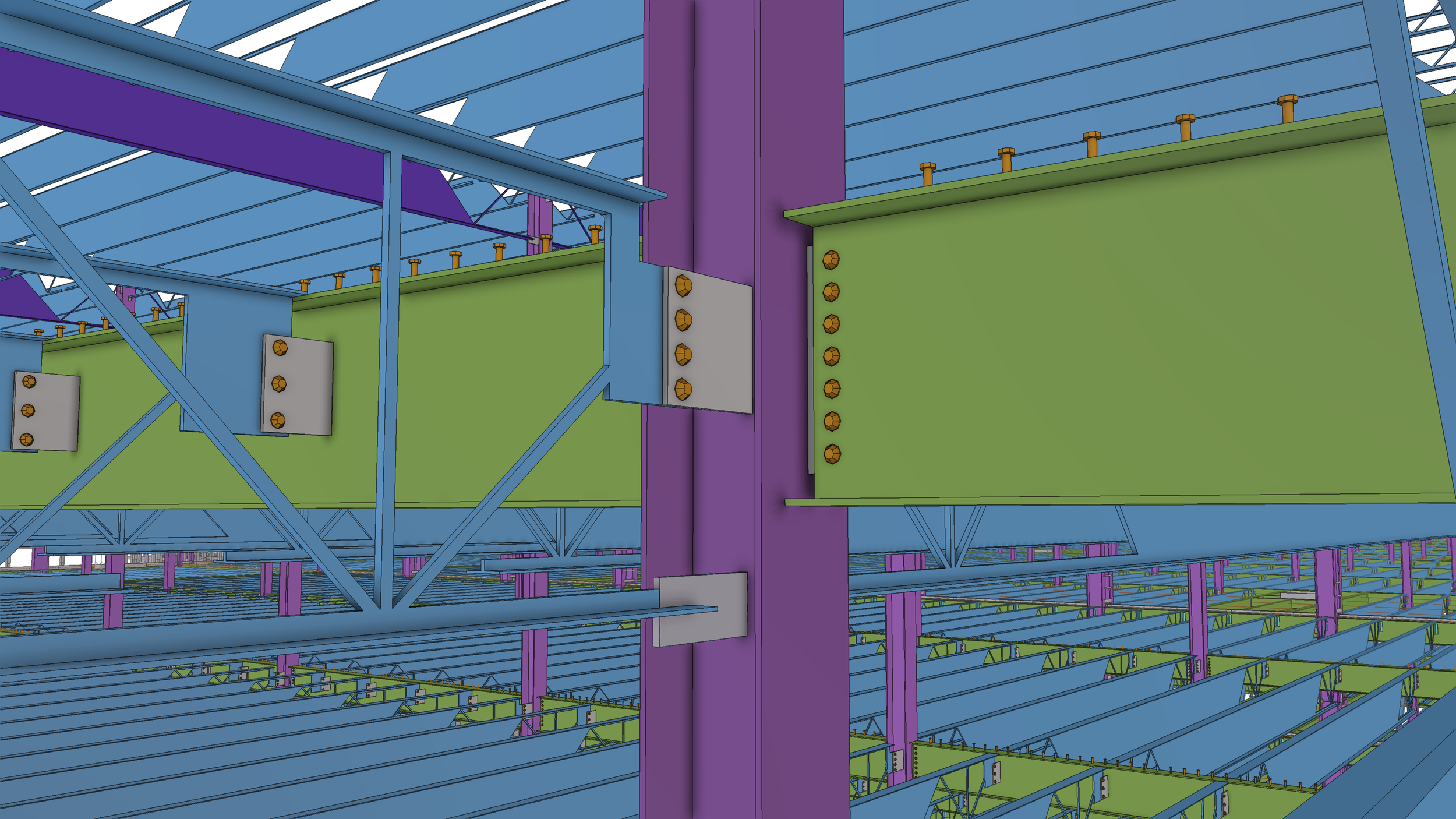 A digital rendering of a building's steel framework structure featuring blue, purple, and green beams with orange bolts.