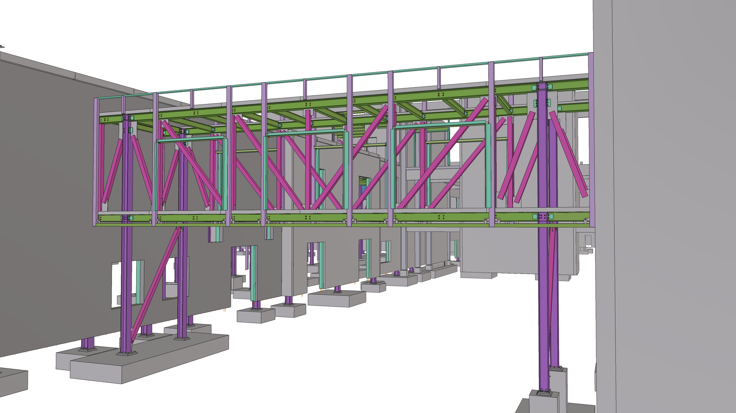 Color-coded construction framework with steel beams and supports in a building under construction.