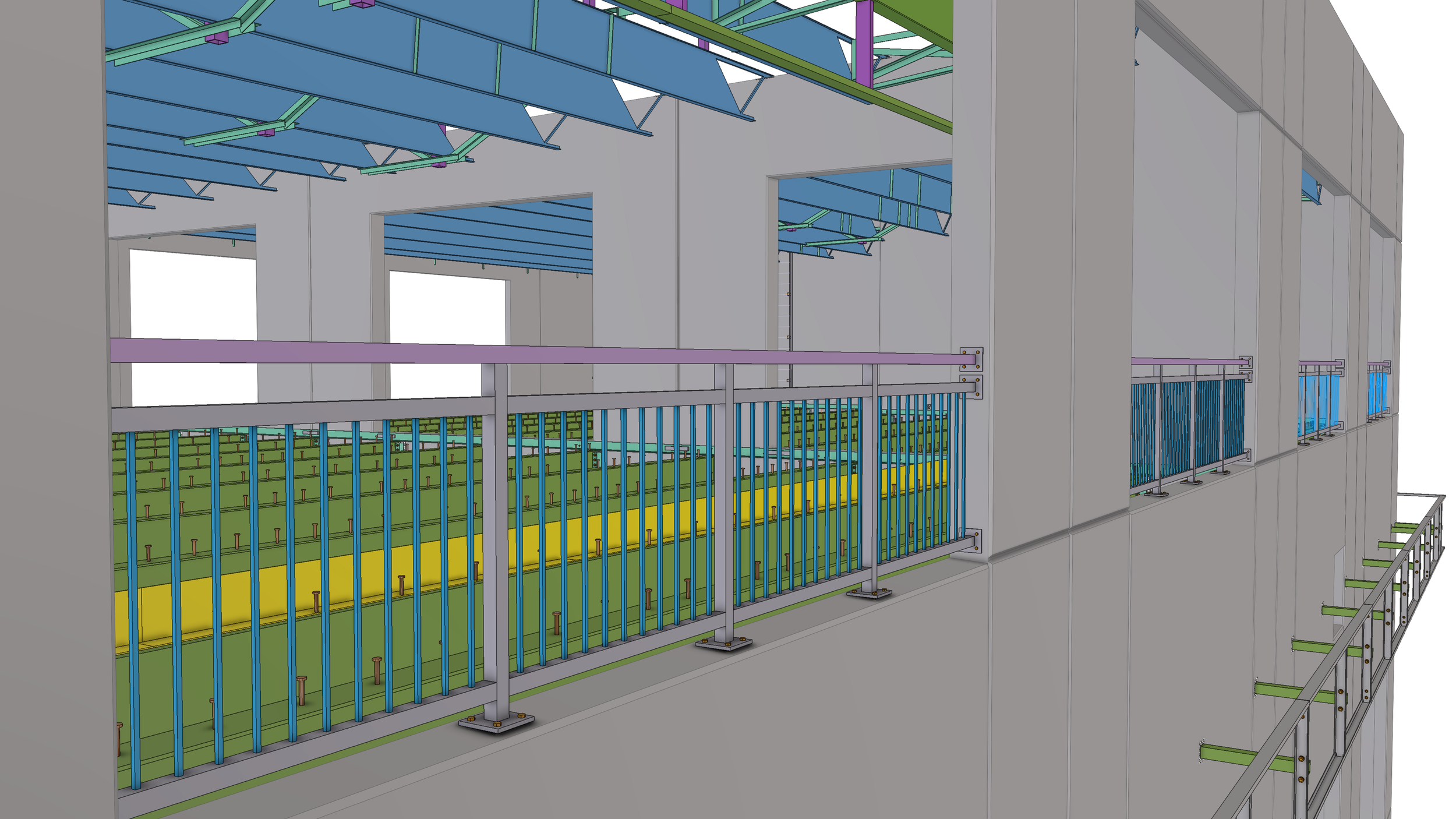 A digital rendering of a building under construction, showing framing and structural components like steel beams, supports, and partially installed walls and roofing.