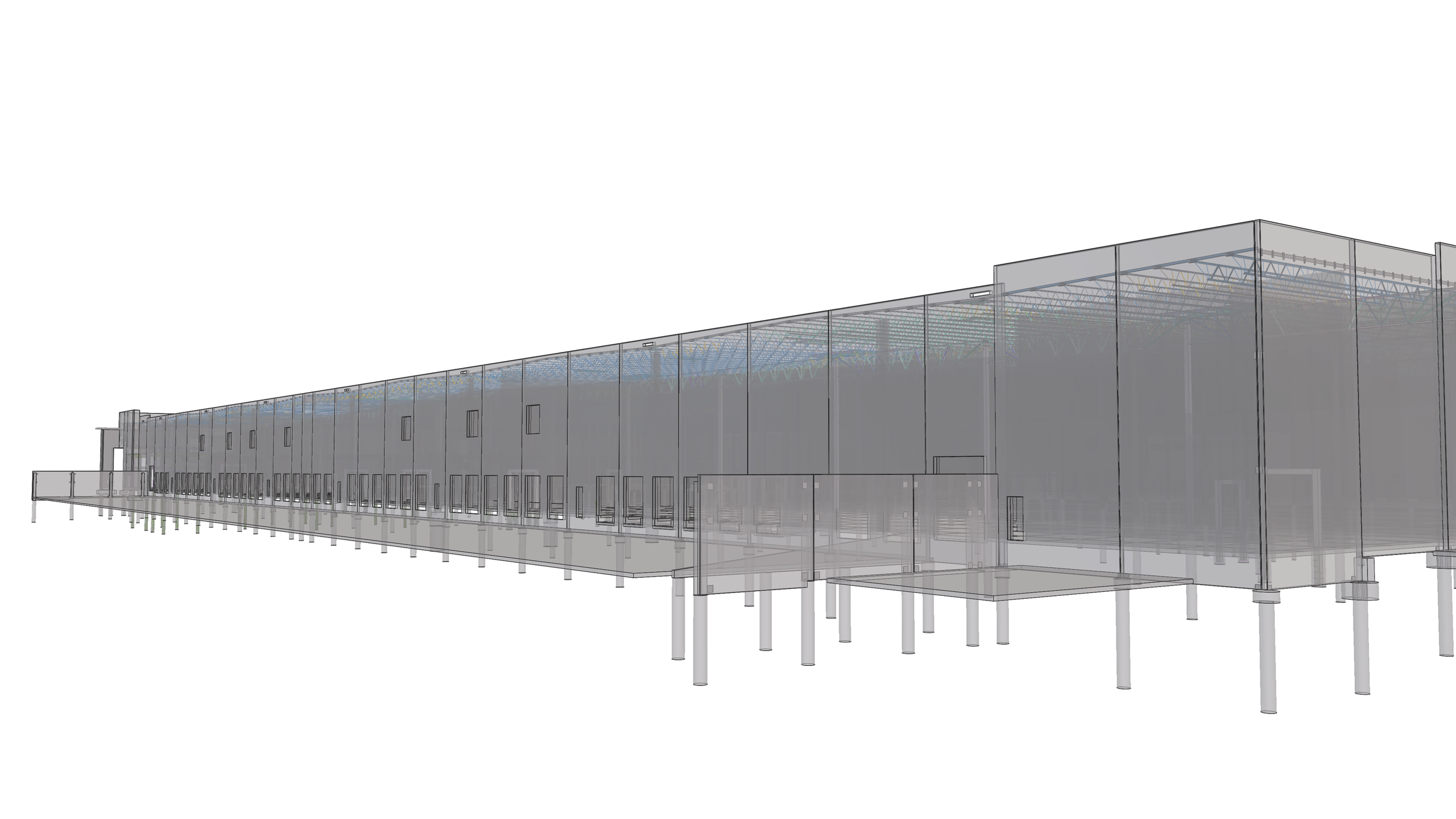 Digital architectural drawing of a large modern building on stilts with multiple windows and a sloped roof structure.