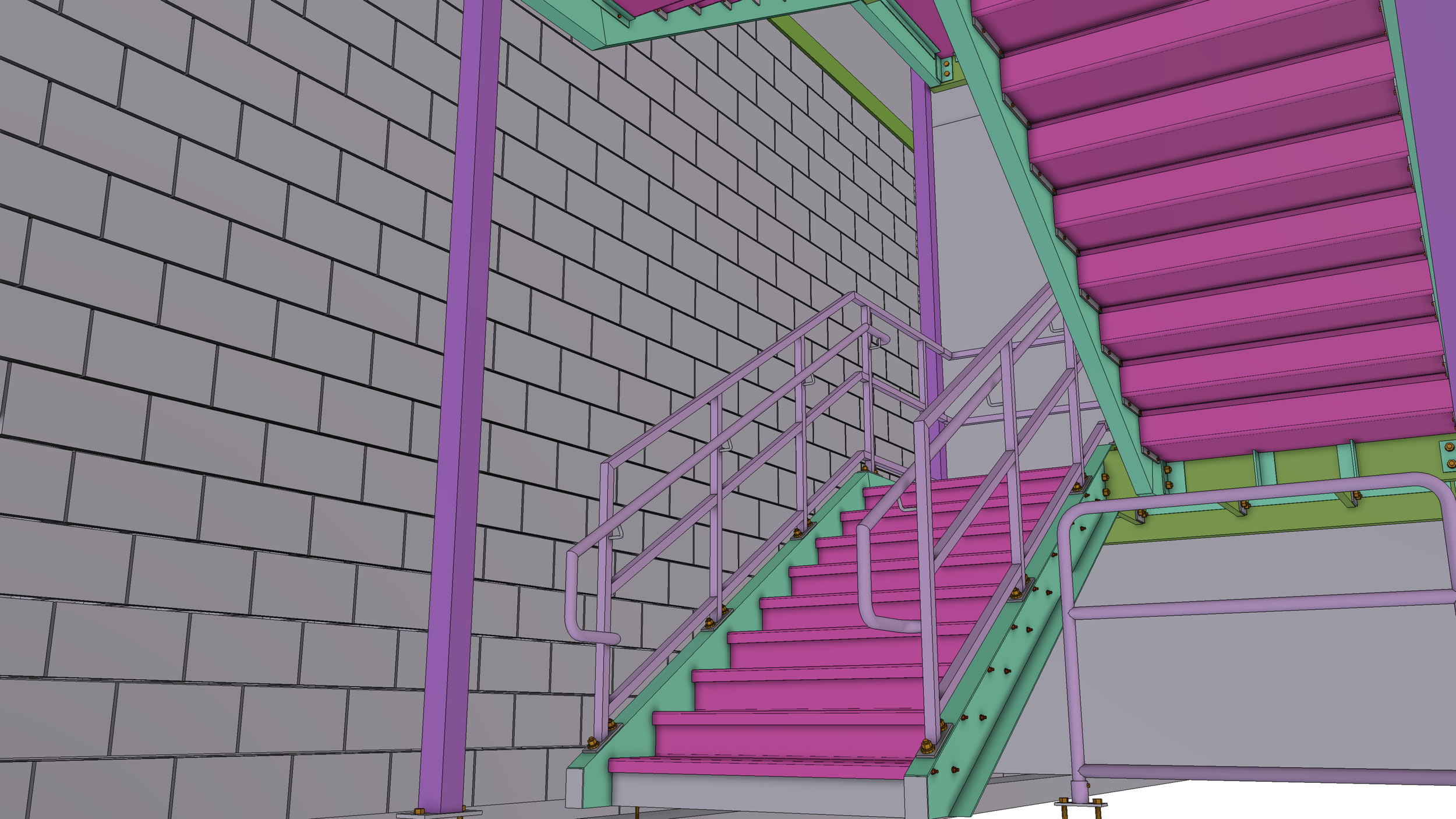 3D model of a colorfully designed staircase with purple steps, teal side panels, purple handrails, and a gray brick wall in the background.