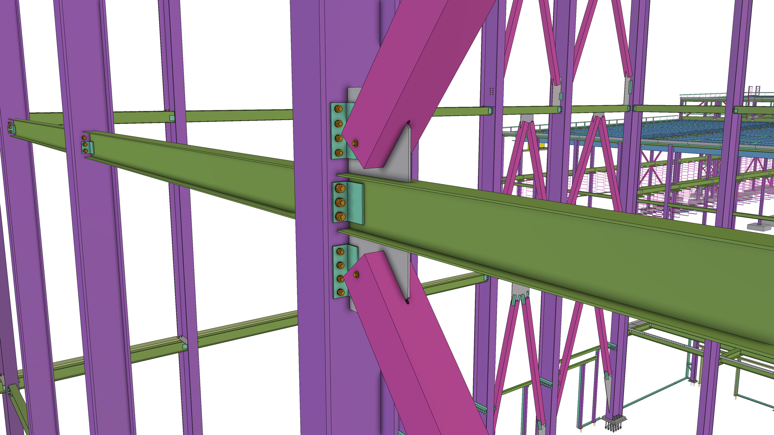 3D Model of a steel framework structure with purple vertical beams, green horizontal beams, and purple diagonal braces, showing bolted connections and support brackets.