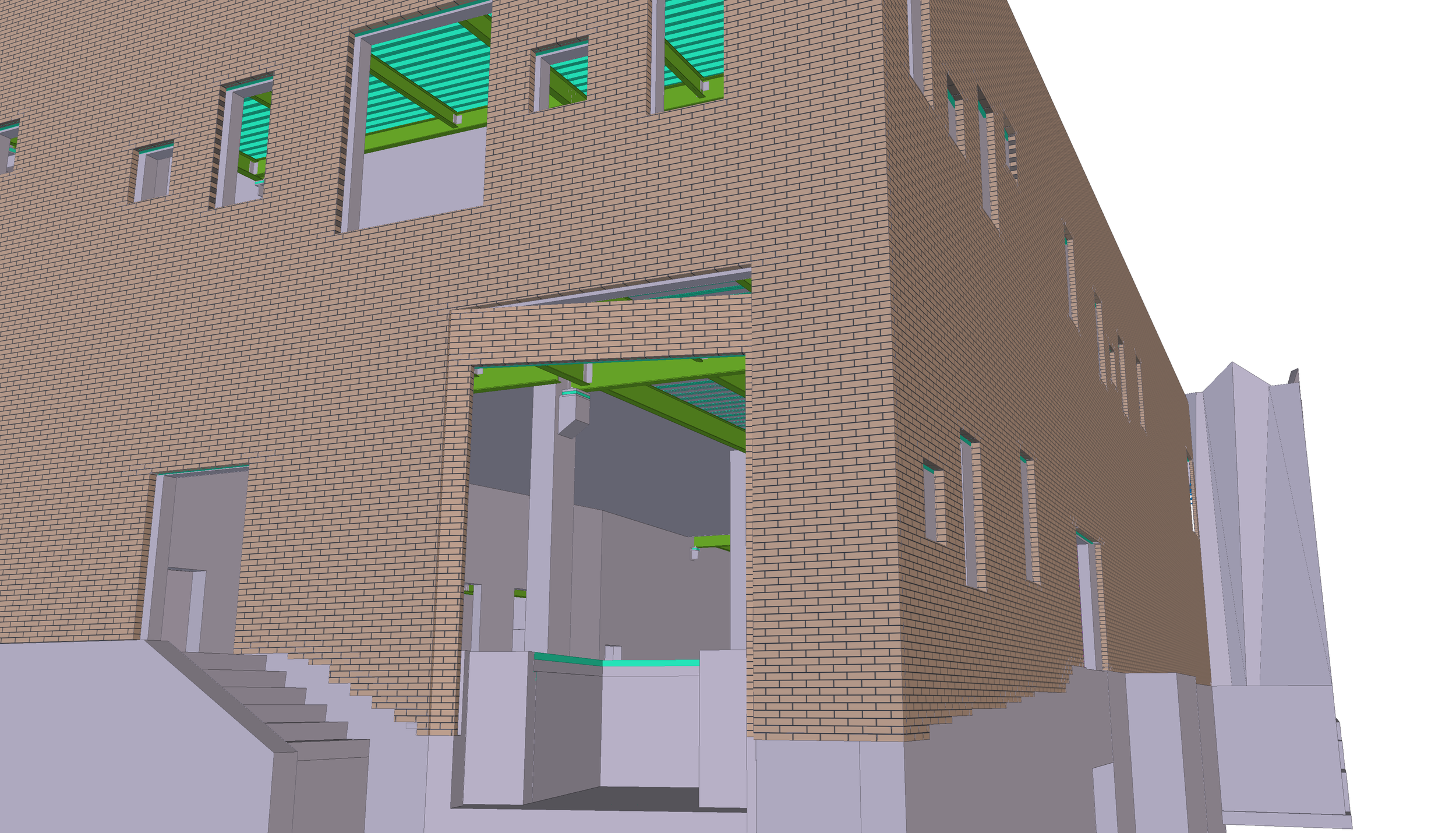 Rendering of a multi-story building under construction with brick exterior walls, open window and door frames, and visible green steel structural elements inside.