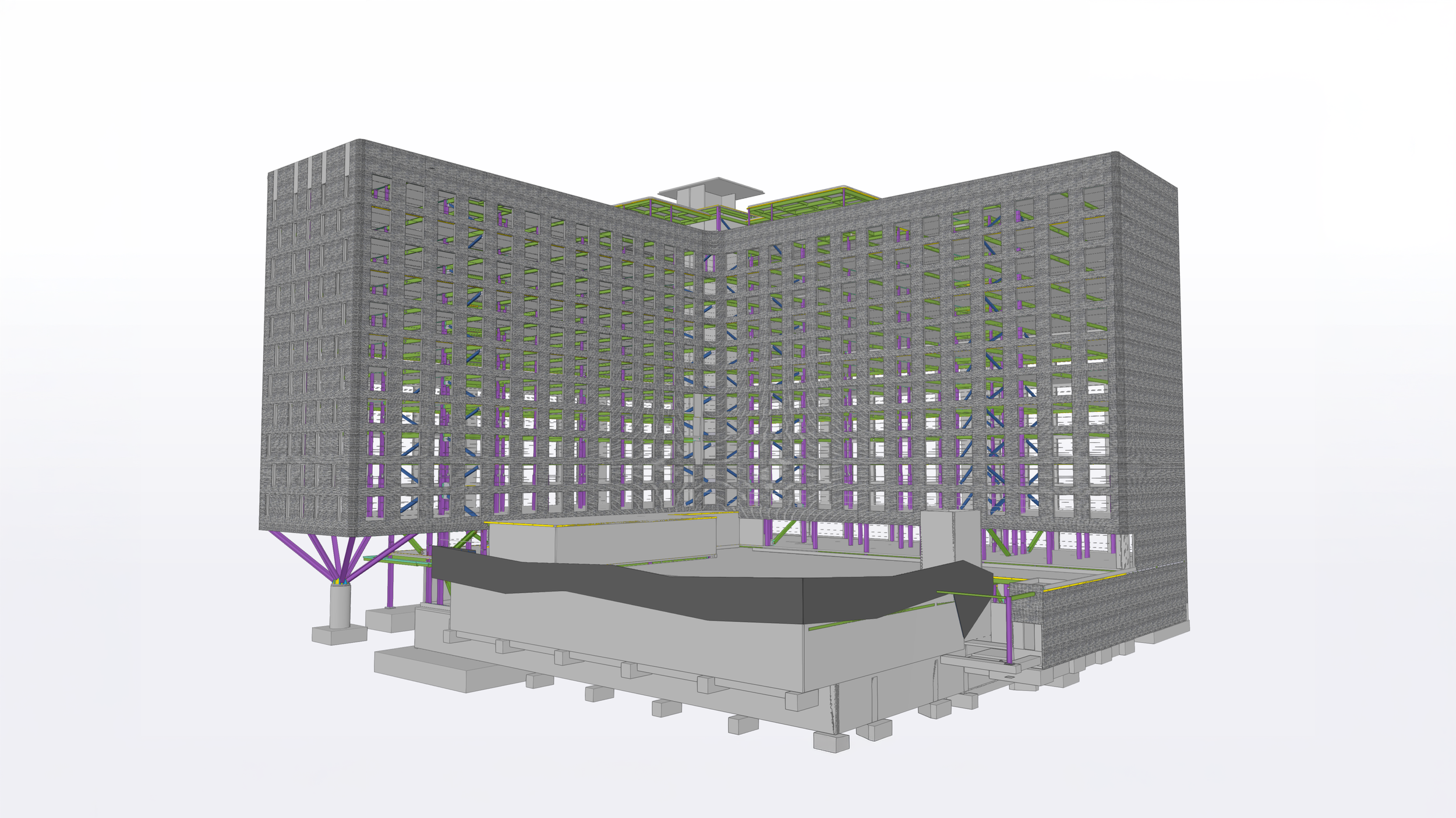 Digital rendering of a modern building with a structural framework visible, including colorful support beams and an open design.