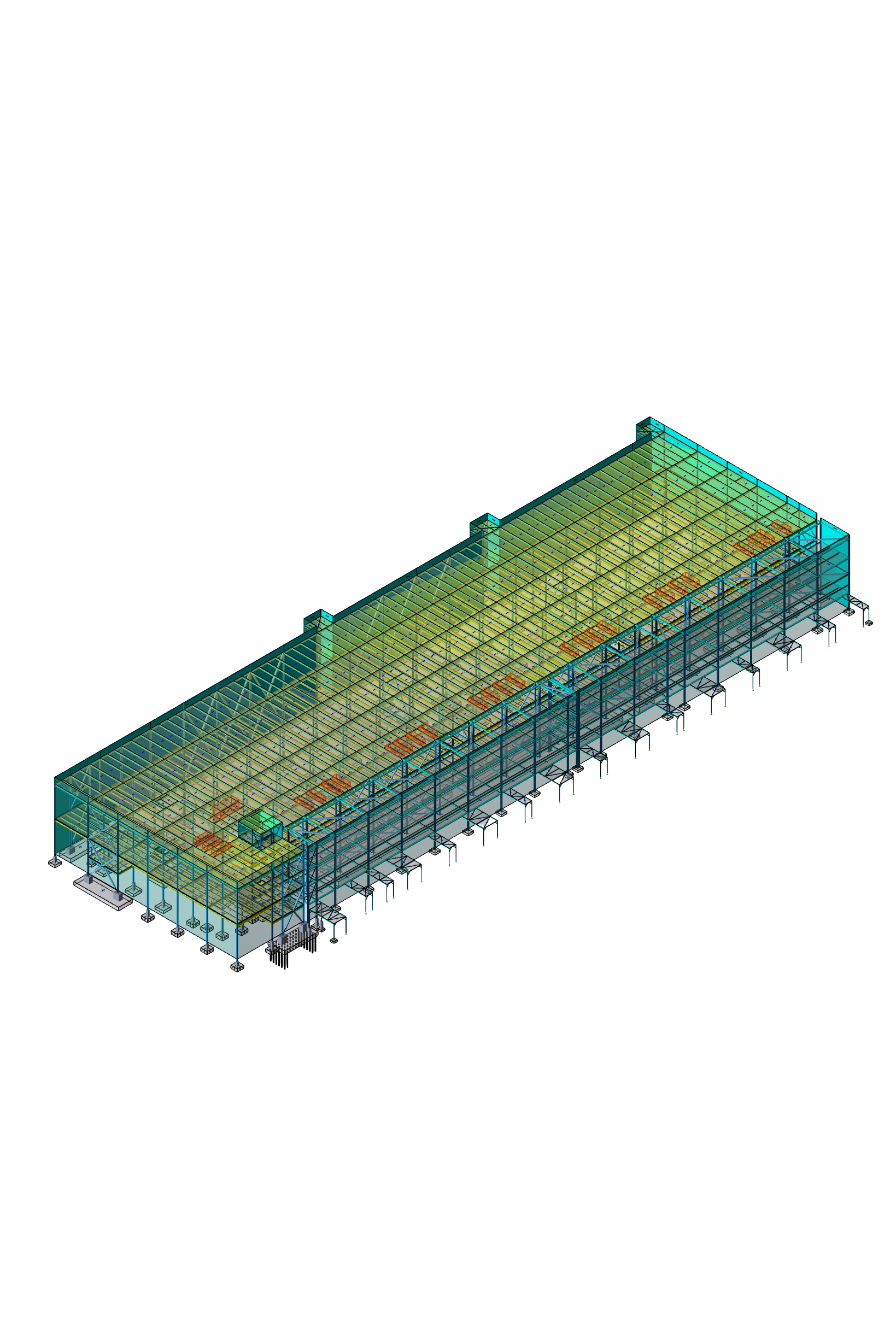 3D model of a building structure with colorful grid and support beams, shown from an elevated angle.
