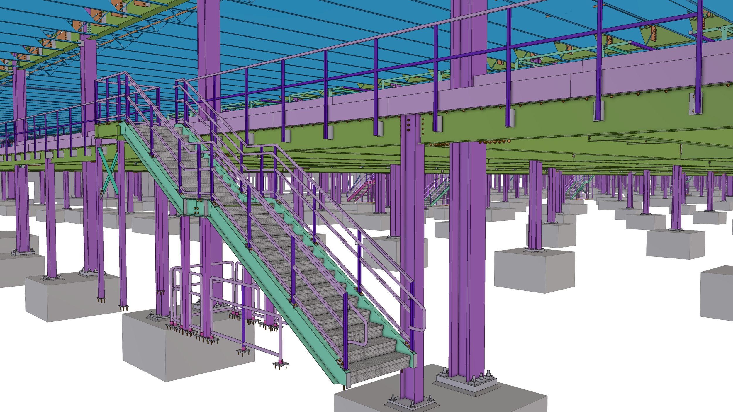 A digital construction model of a building foundation showing steel beams, columns, girders, stairs, and concrete footings in bright colors like purple, green, and blue.