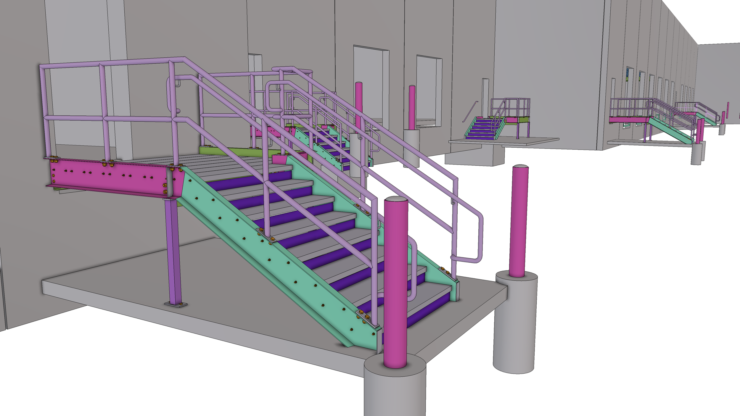 A 3D model of a staircase and platform structure with purple handrails, green supports, and purple steps in a construction environment.