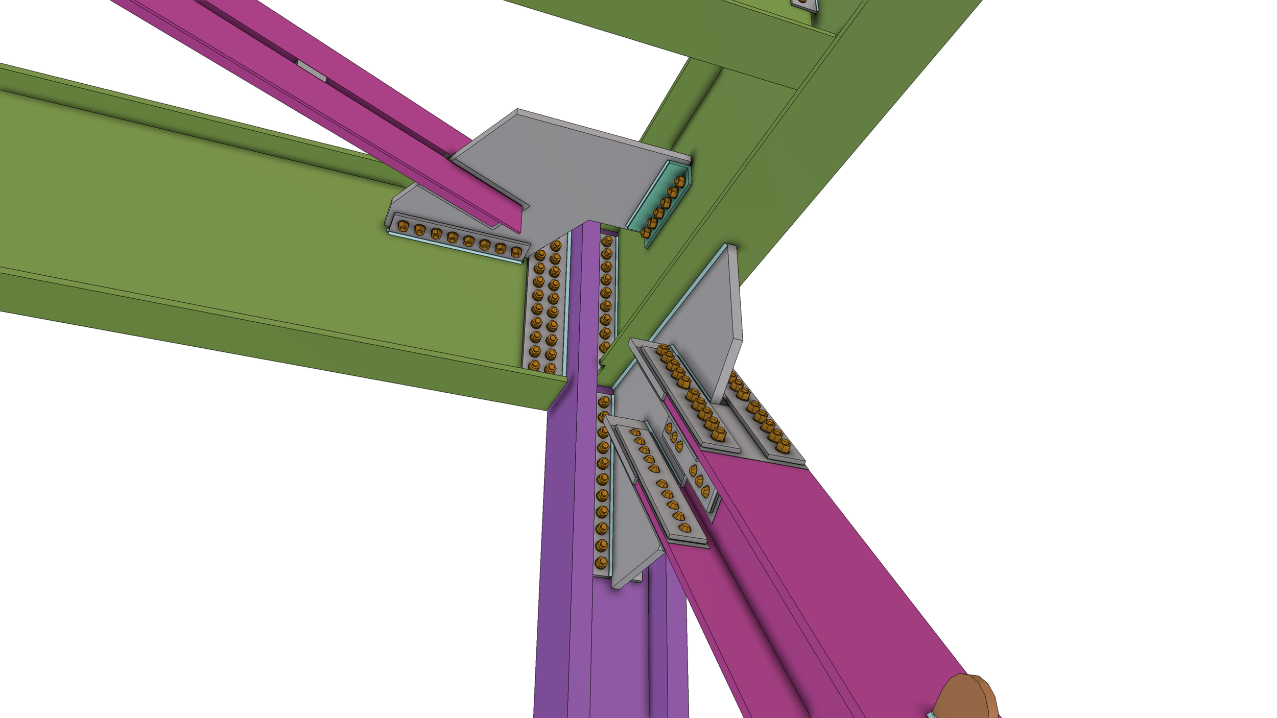 3D model of a mechanical assembly with green, purple, and gray components, including numerous fasteners like nuts and bolts, and some purple linear parts intersecting at a corner.