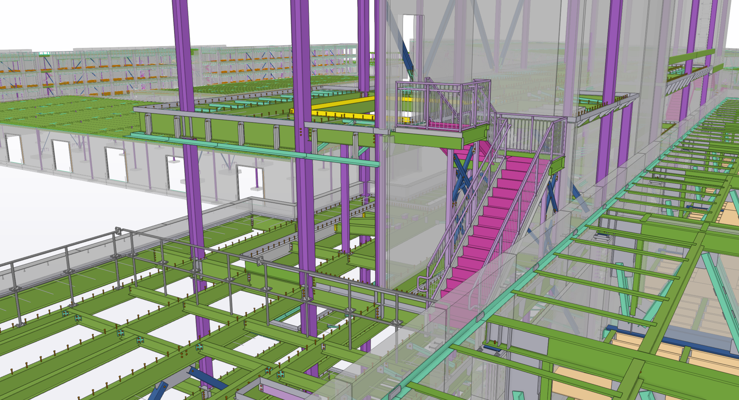 A detailed computer-aided design (CAD) model of a multi-story steel structure, likely part of a large industrial or commercial building, featuring colorful beams, stairs, and support elements.