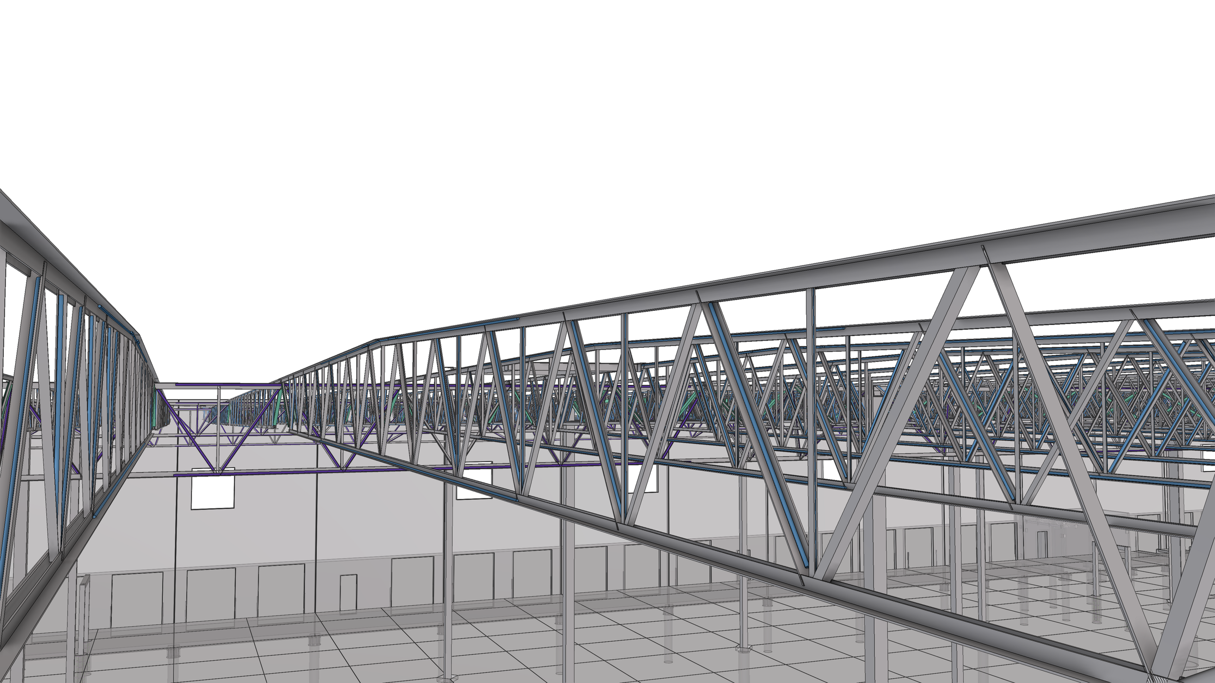 A digital 3D model of a building's structural framework with steel trusses and beams, including walkway bridges with glass panels, under construction or design phase.