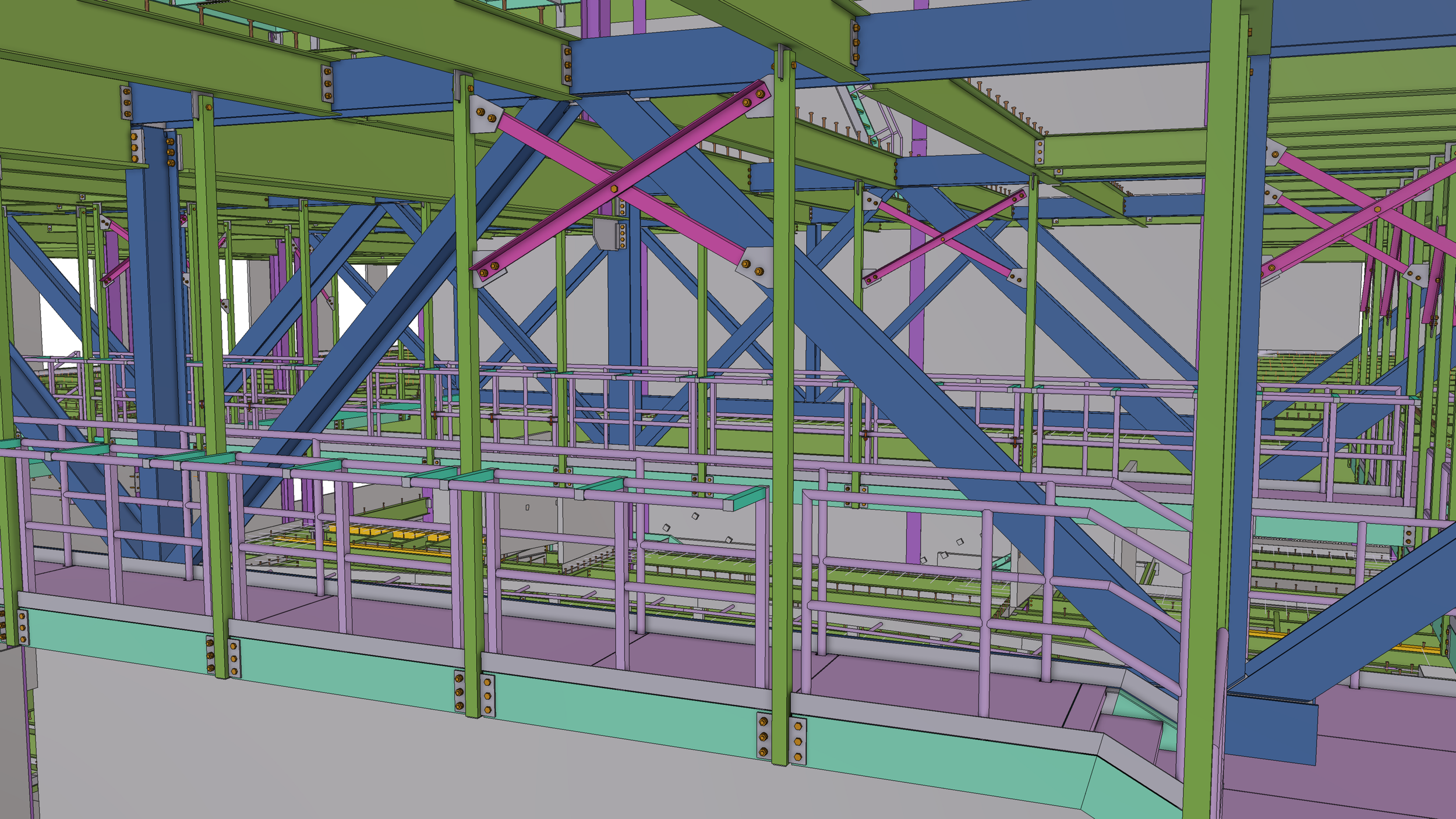 A digital rendering of a large, complex industrial or construction scaffolding system with multiple green, blue, purple, and yellow structural components, including beams, railings, and support brackets.
