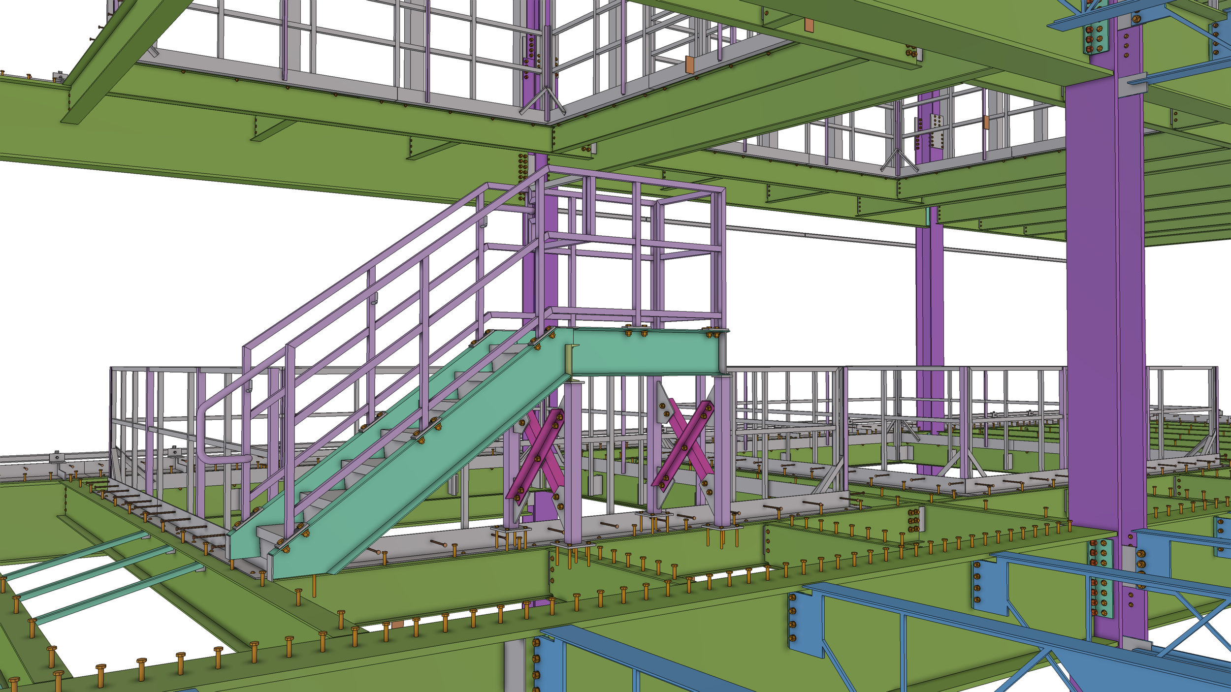 3D rendering of an industrial steel structure framework with beams, columns, stairs, and platforms, color-coded in green, purple, and blue.