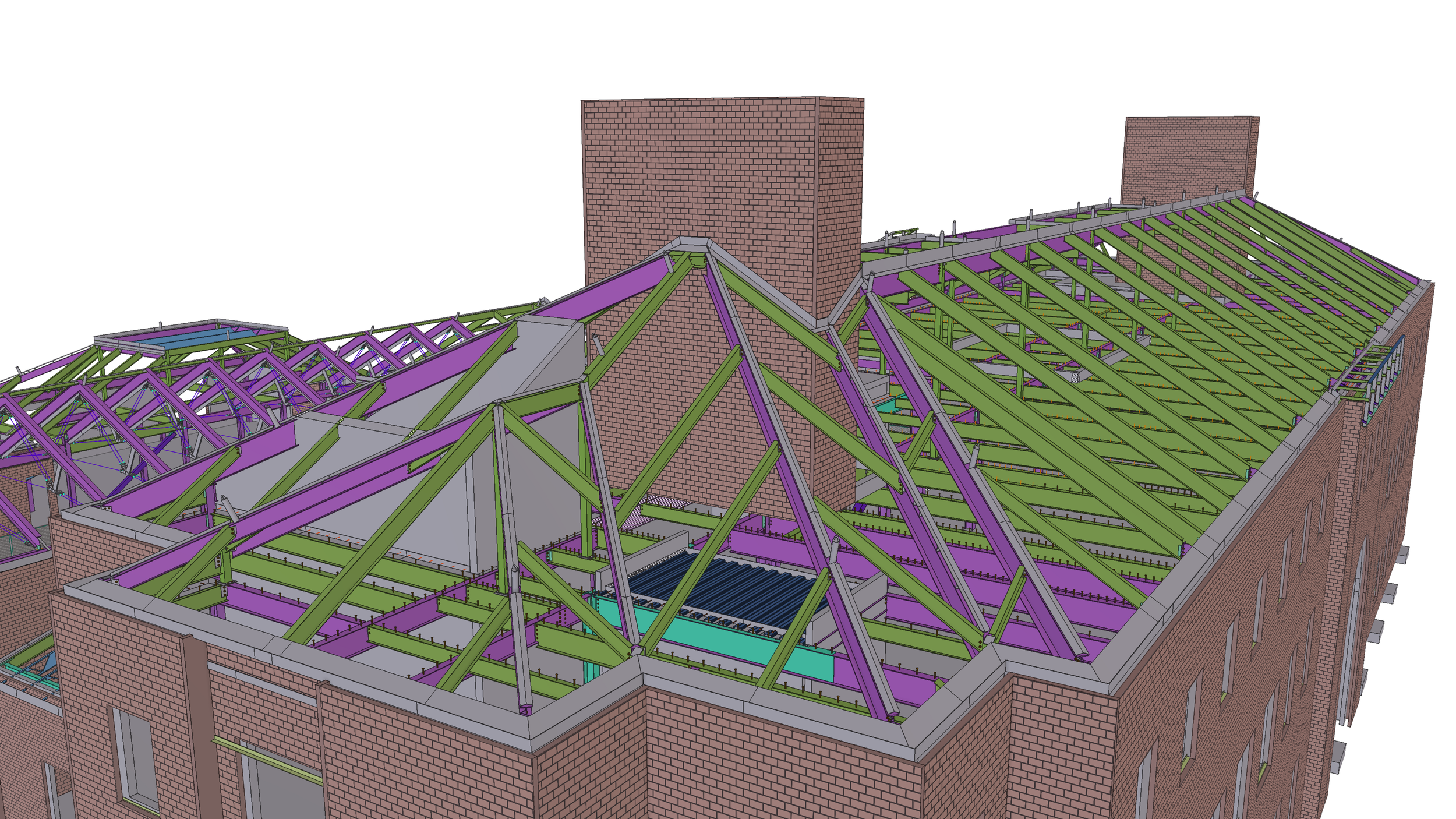 3D architectural model of a brick building with a complex roof structure showing green rafters and purple supports.