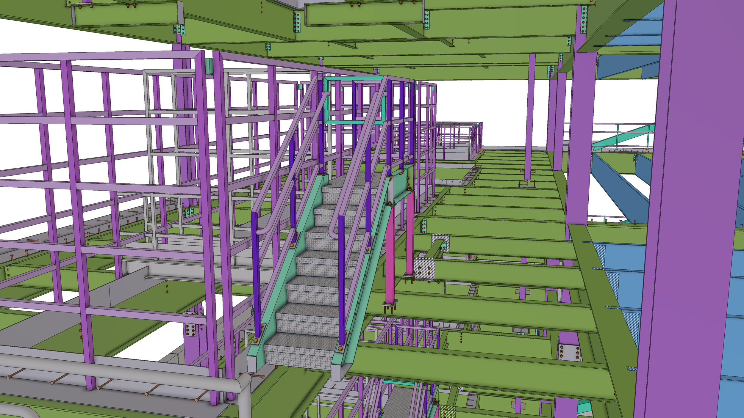A detailed 3D model of a building's structural framework showing multiple levels, staircases, beams, and railings in various colors including purple, green, blue, and gray.