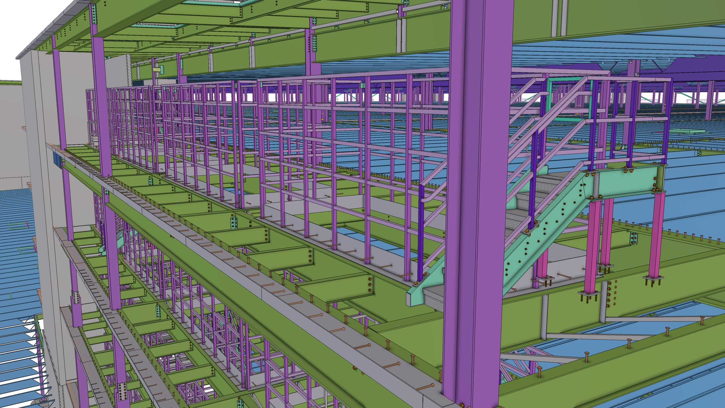 A detailed computer model of a steel building framework showing green, purple, and blue structural components, including beams, girders, stairs, and support columns.