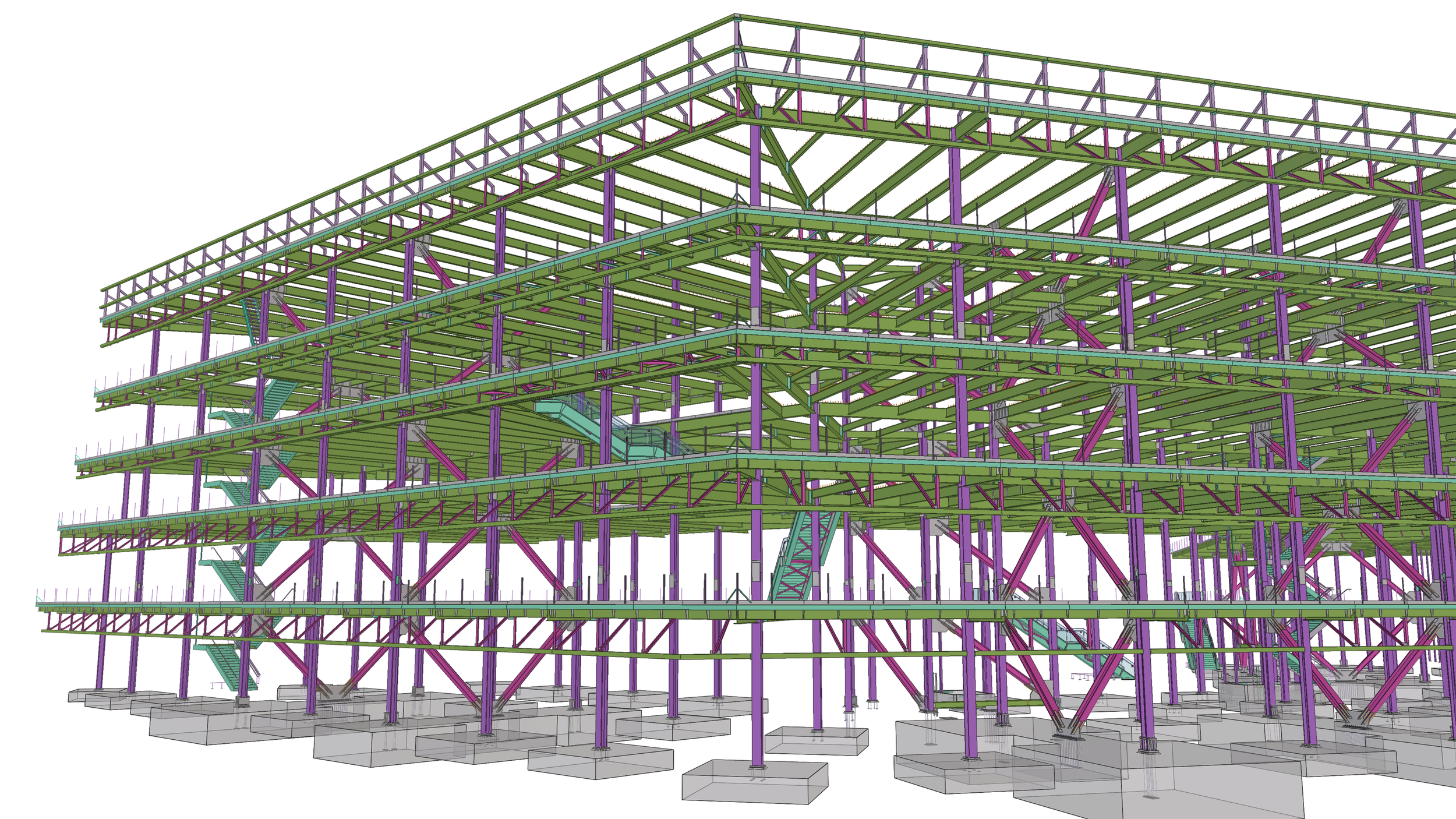 Structural steel framework of a multi-story building under construction, with purple and green beams, staircases, and concrete foundations.