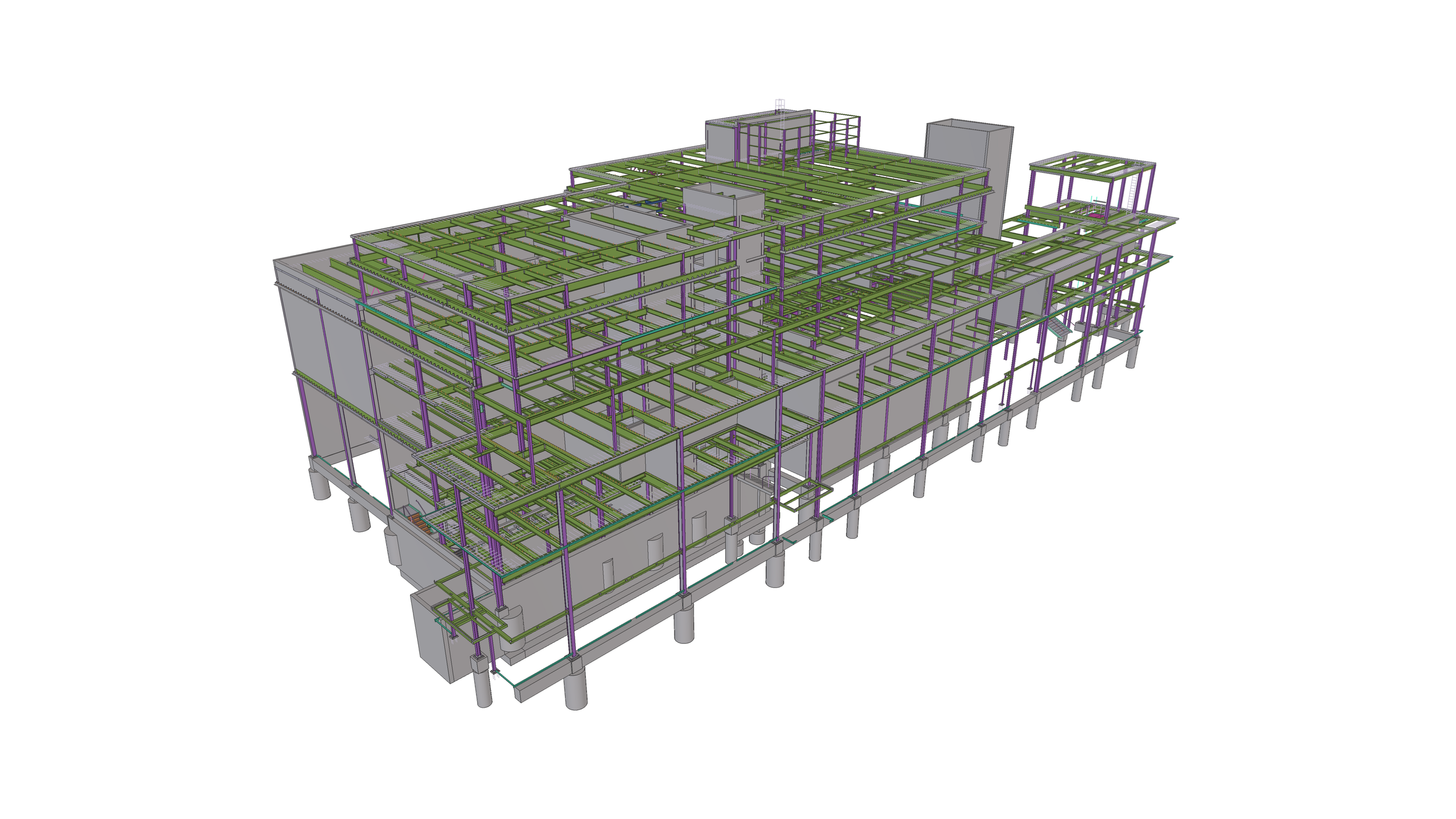 3D architectural model with green framing and purple structural supports of a multi-story building under construction.