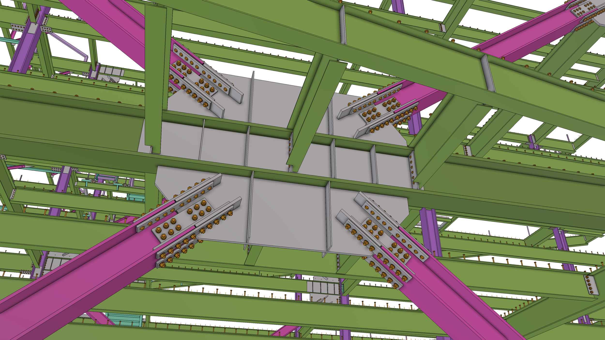 A complex 3D model of a steel or structural framework with green and purple beams, connected with bolts and plates, viewed from below.