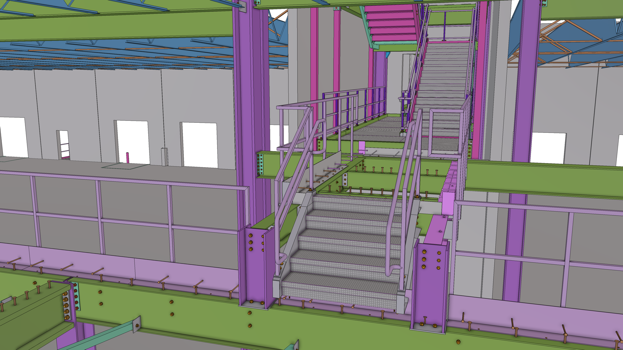 Colorful 3D model of a building staircase with purple railings, green flooring, and metal steps, part of an interior construction design.
