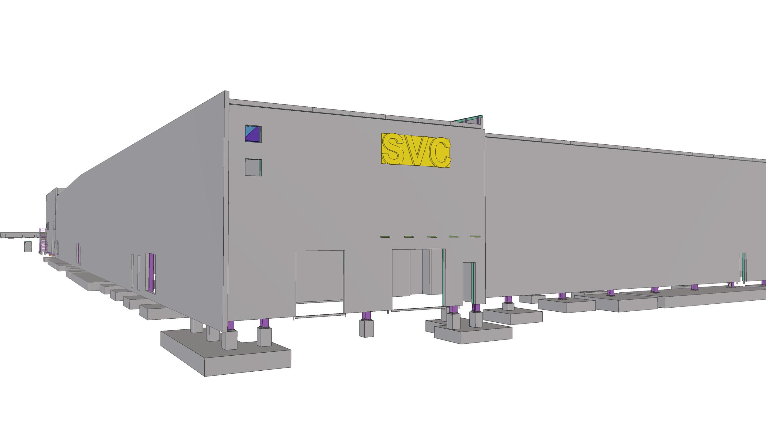 3D CAD model of a building structure with a sign that reads 'SVC' on the front.