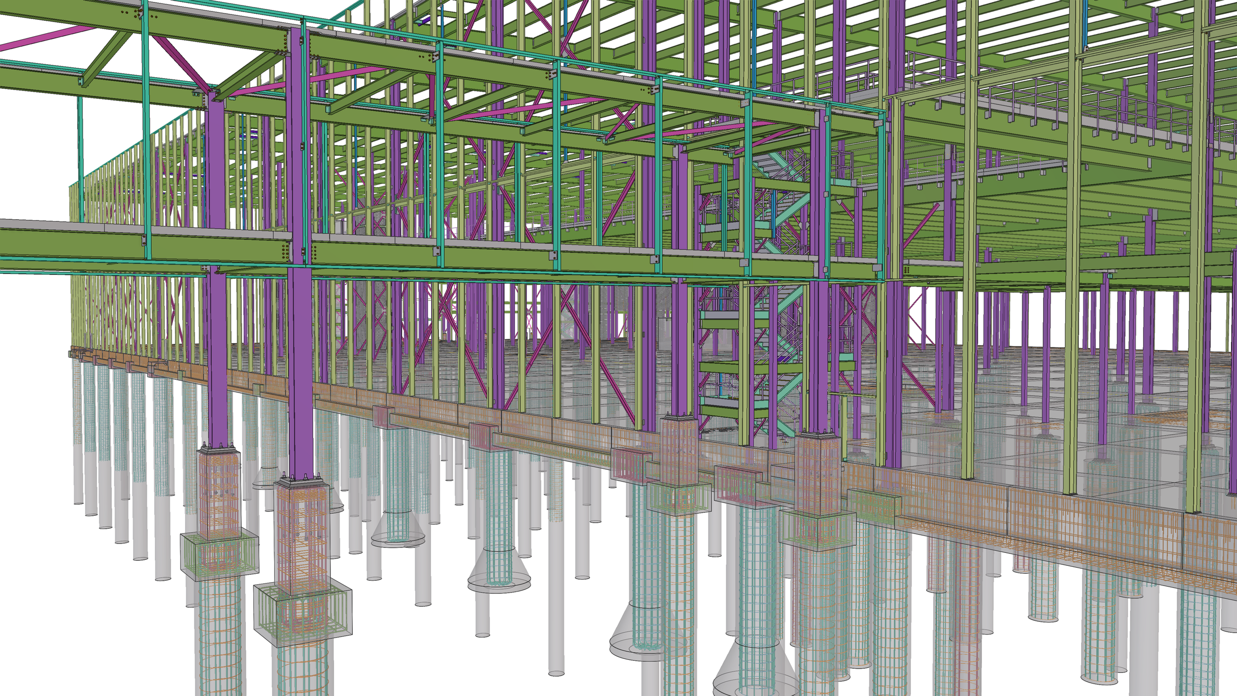 Three-story steel building framework with green, purple, and teal beams, staircases, and support columns, set on concrete foundations with multiple pilings.