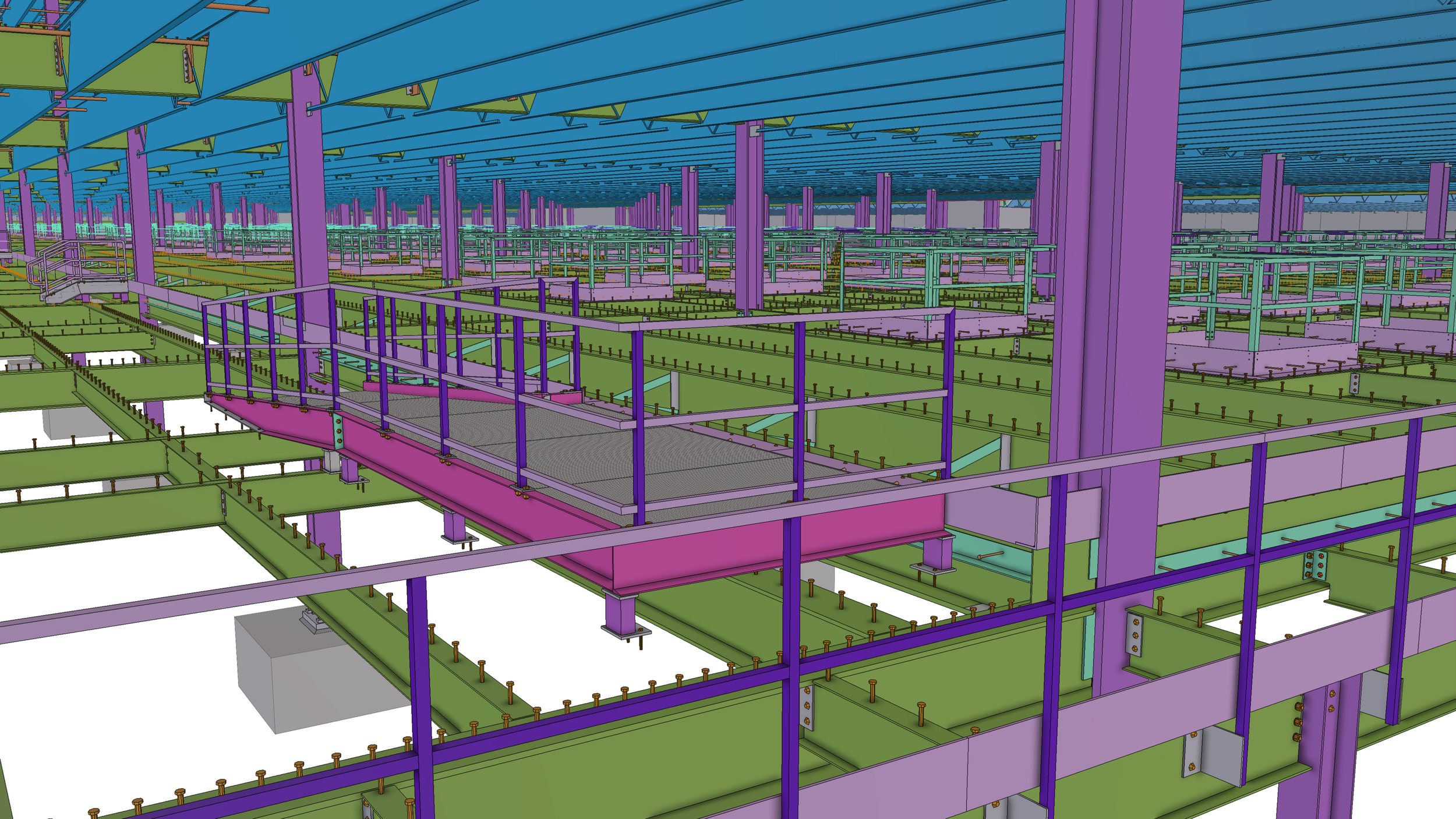A detailed digital drawing of a large industrial facility's structural framework with multicolored beams, pipes, railings, and support columns, indicating construction or design schematics.