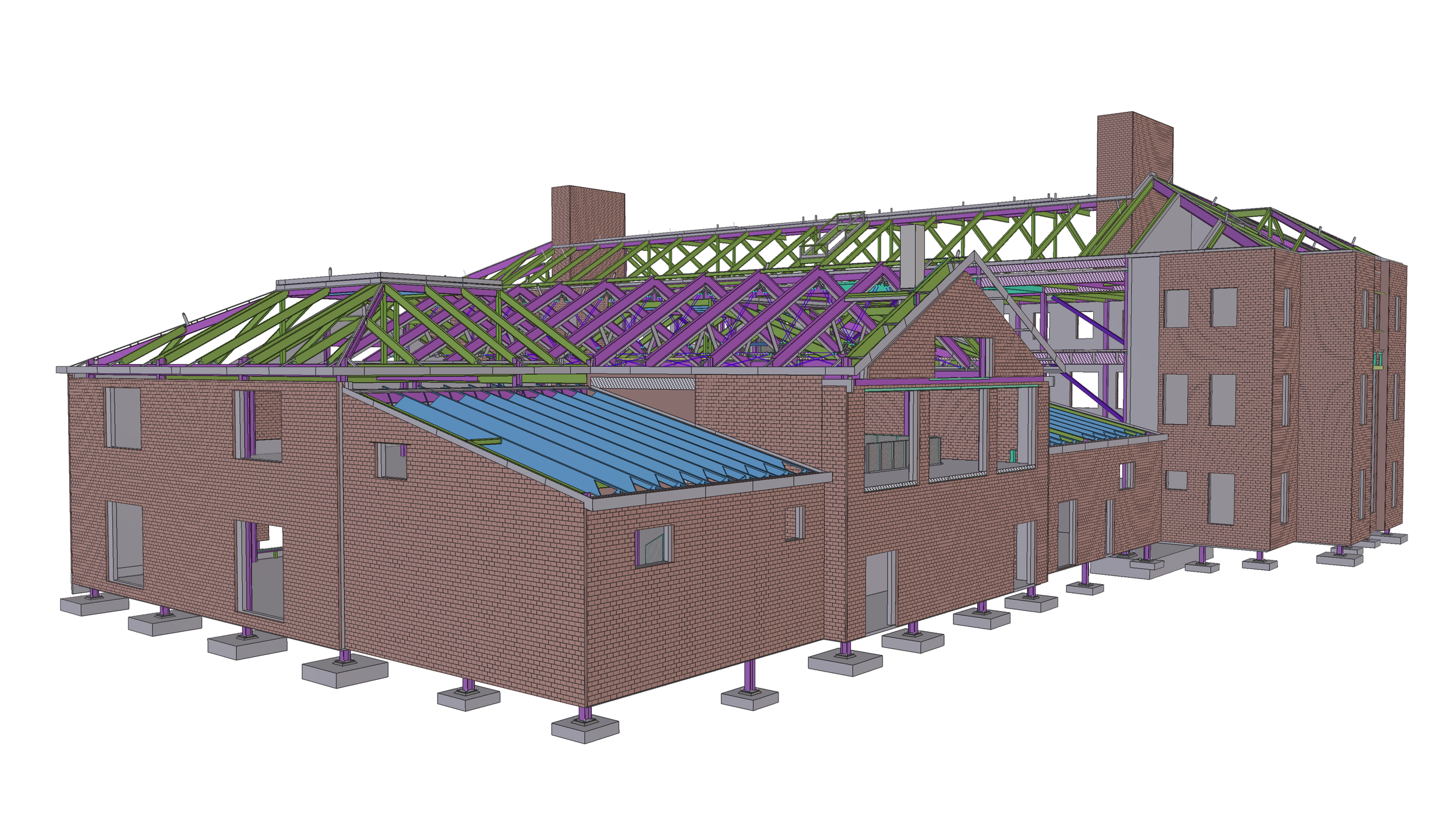 3D architectural model of a brick building with a complex roof structure under construction, showing green and purple beams, windows, and a chimney.