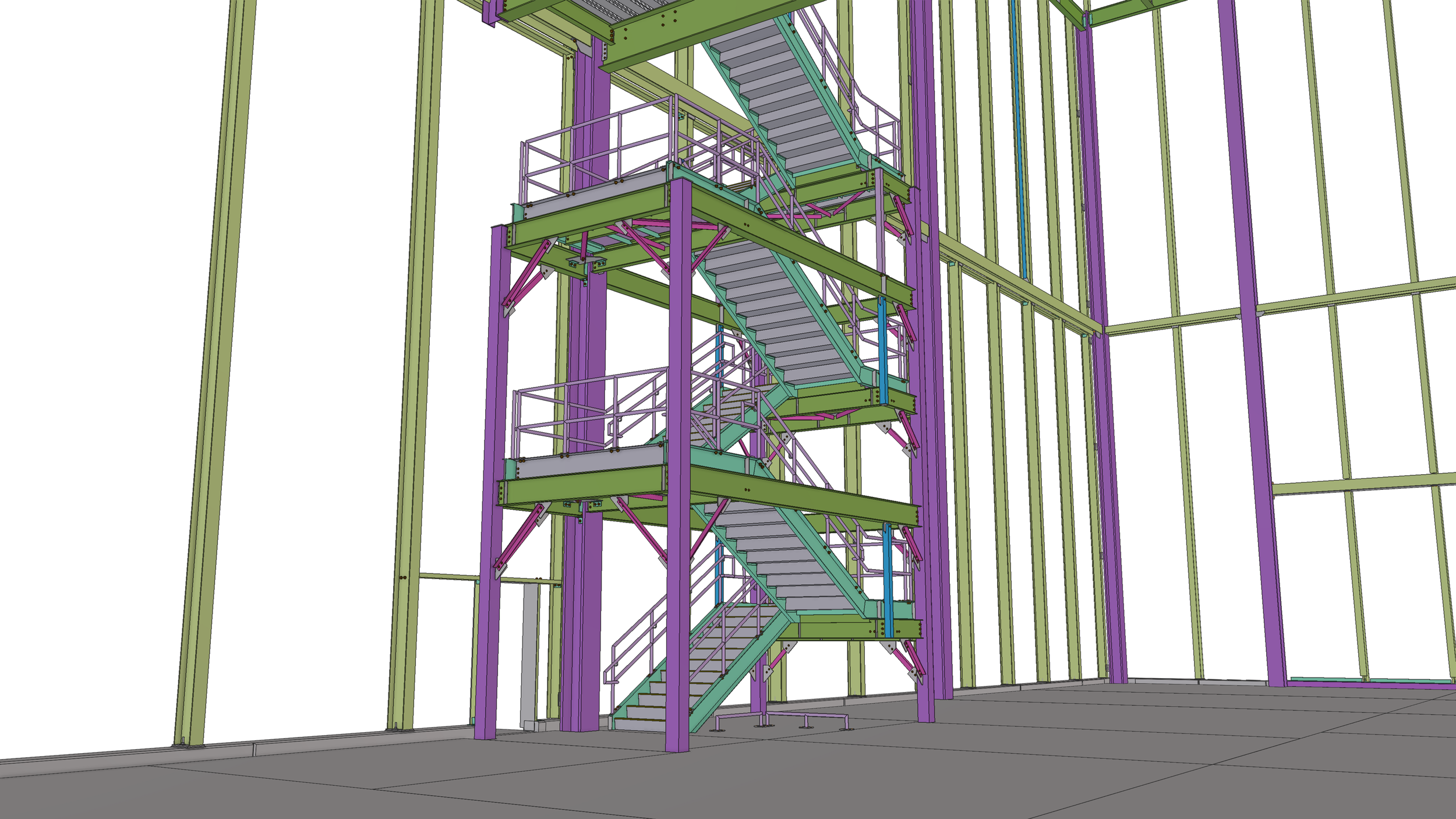 A digital construction model of a multilevel staircase structure inside a building framework, showing green, purple, and gray components.