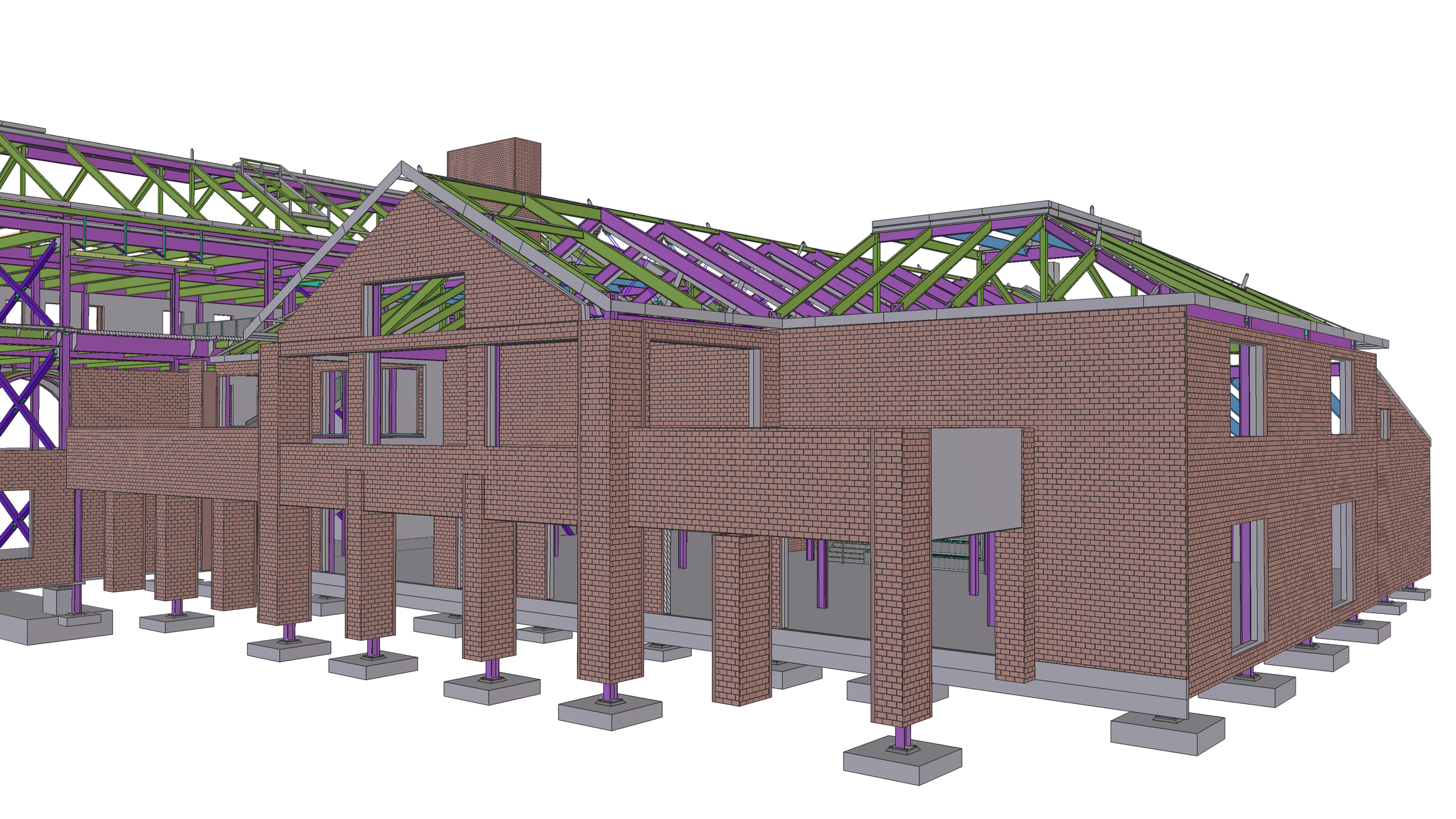 3D digital rendering of a building under construction with a brick exterior and a complex roof framework of green and purple beams.