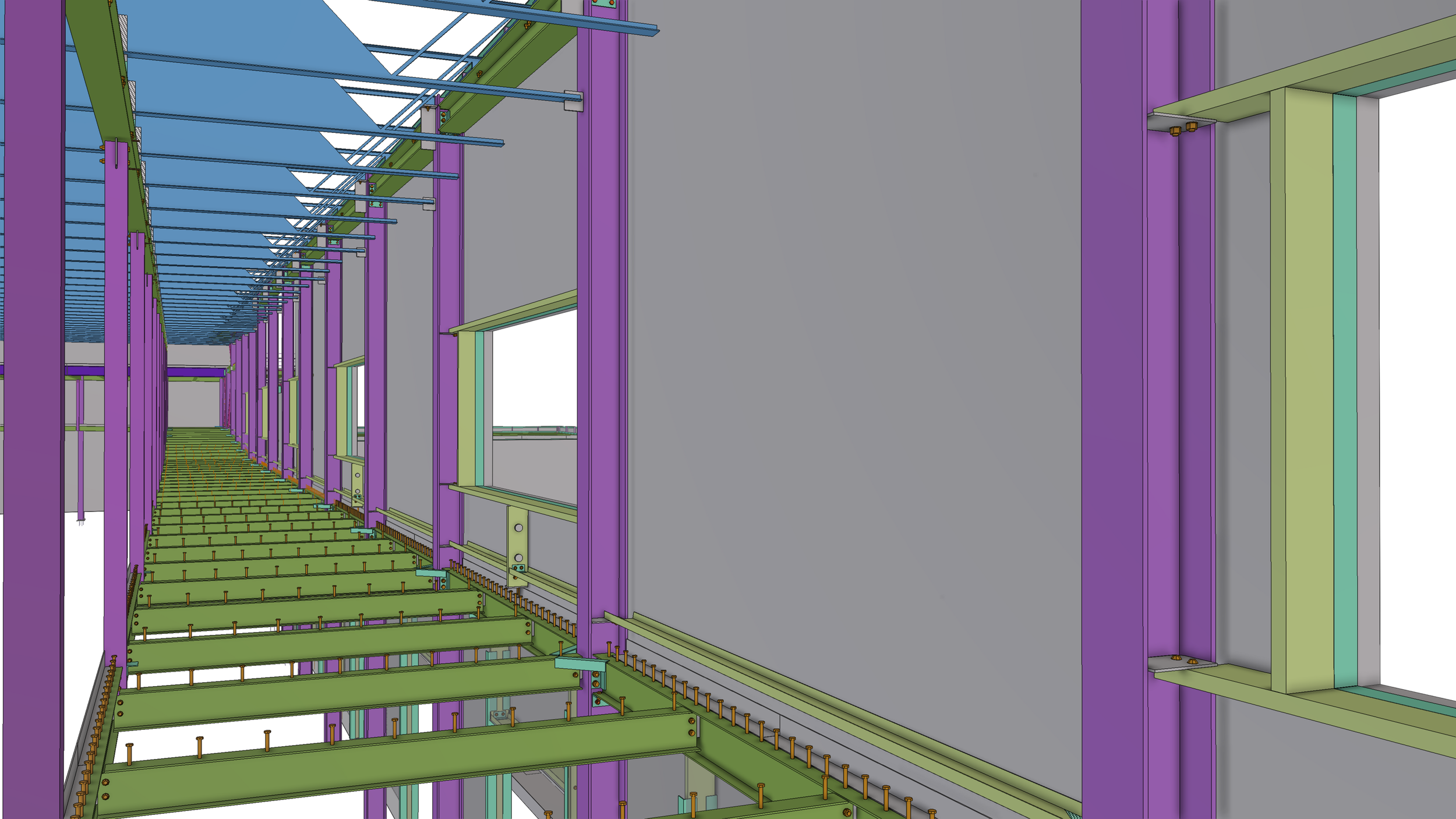 A detailed digital construction model of a building showing steel framing, beams, and structural elements in various colors including purple, green, and blue.