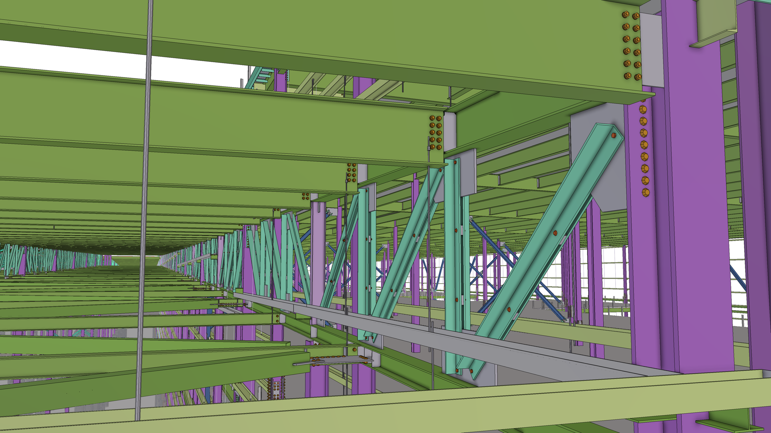 Interior view of a multi-story building's steel framework with green floors, purple columns, and blue diagonal braces, showing structural details and support beams.