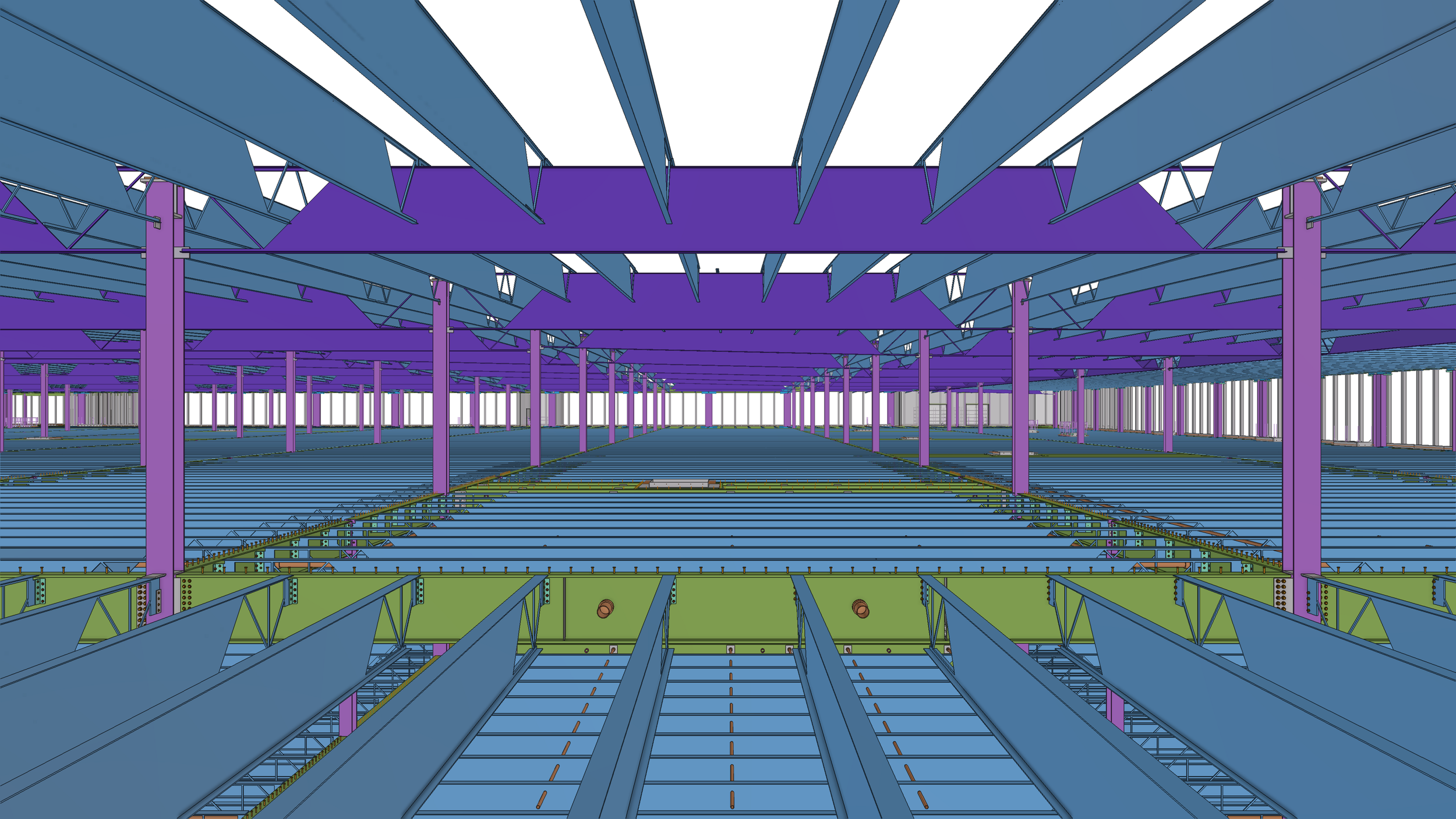 Computer-generated illustration of an expansive stadium roof structure with purple support beams and blue roofing panels, in the process of construction, showing steel framework and empty field below.