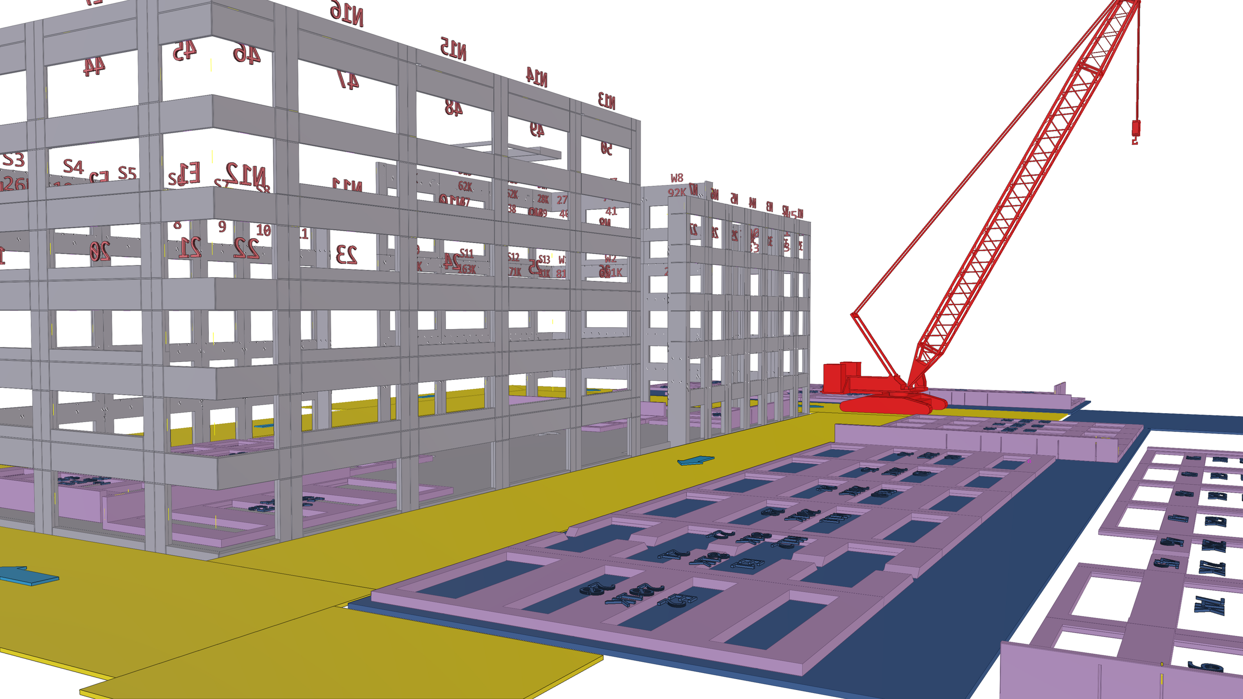 A digital architectural rendering of a multi-story building under construction, featuring a large red crane and construction materials on the site.