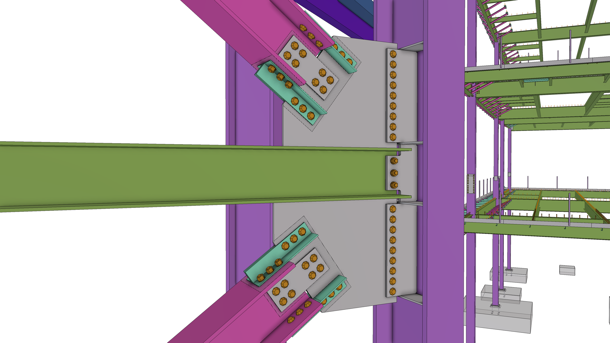 A computer-generated structural design of a building framework with pink, purple, green, and gray components and yellow bolts.