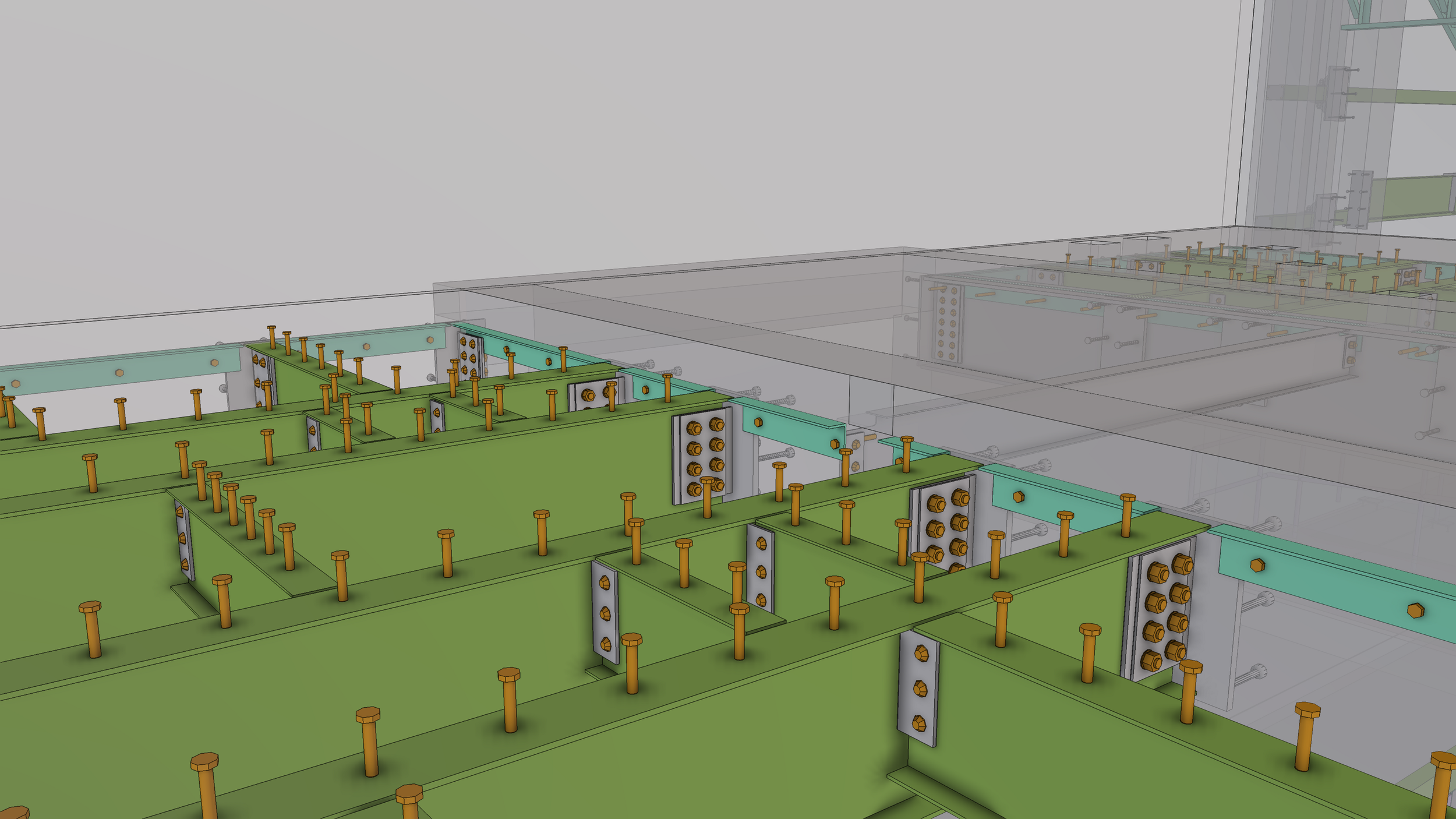 3D rendering of green metal framework with orange bolts, assembly parts, and brackets, likely part of a construction or engineering project.