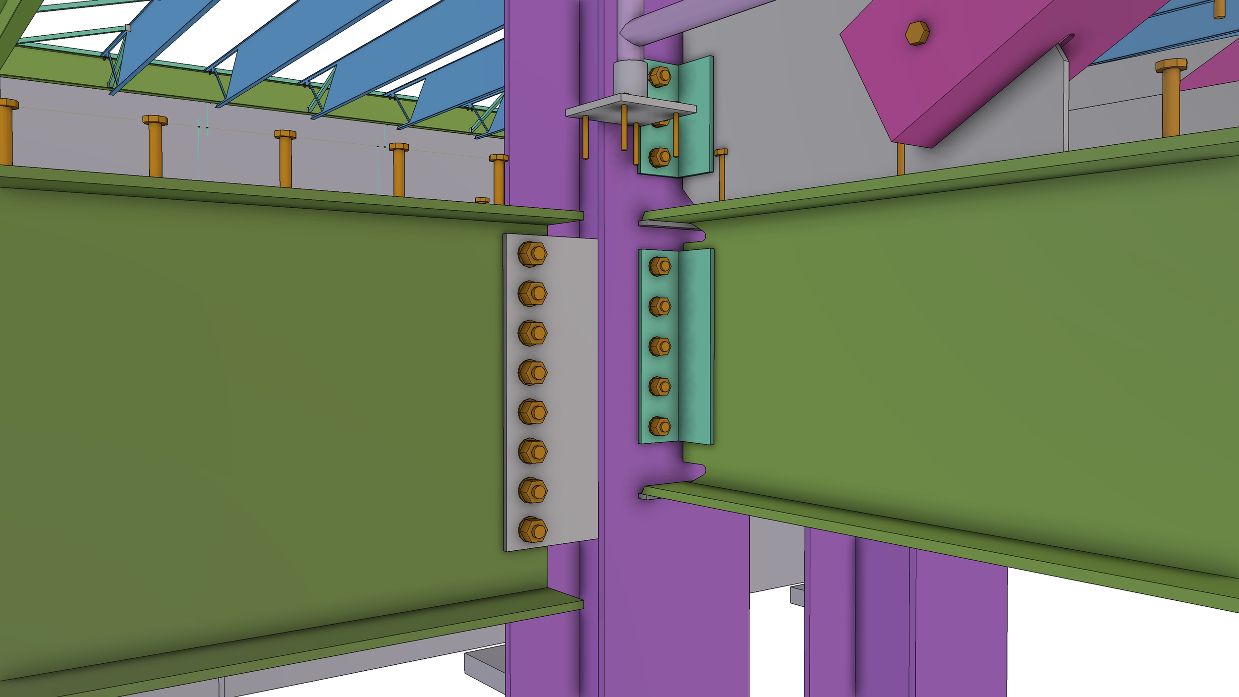 Close-up of colorful construction or assembly diagram showing green, purple, gray, and blue components fastened together with bolts and nuts.