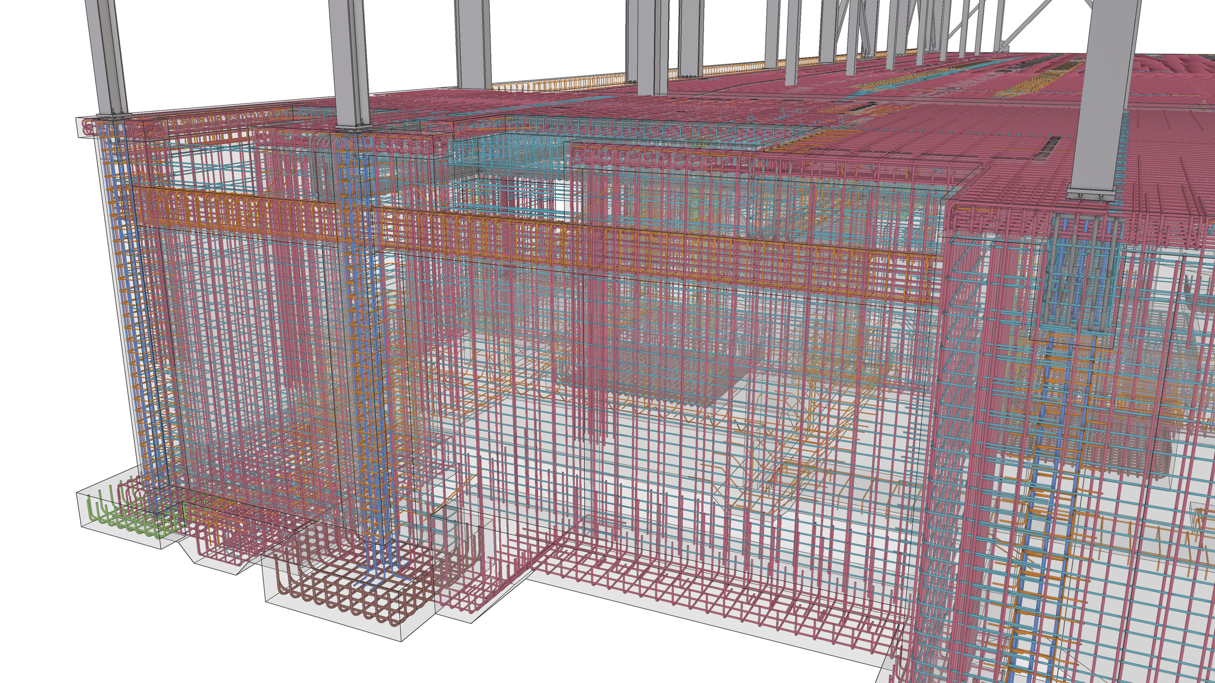 A detailed 3D model of a building's structural framework showing colorful steel rebar and supports for construction.